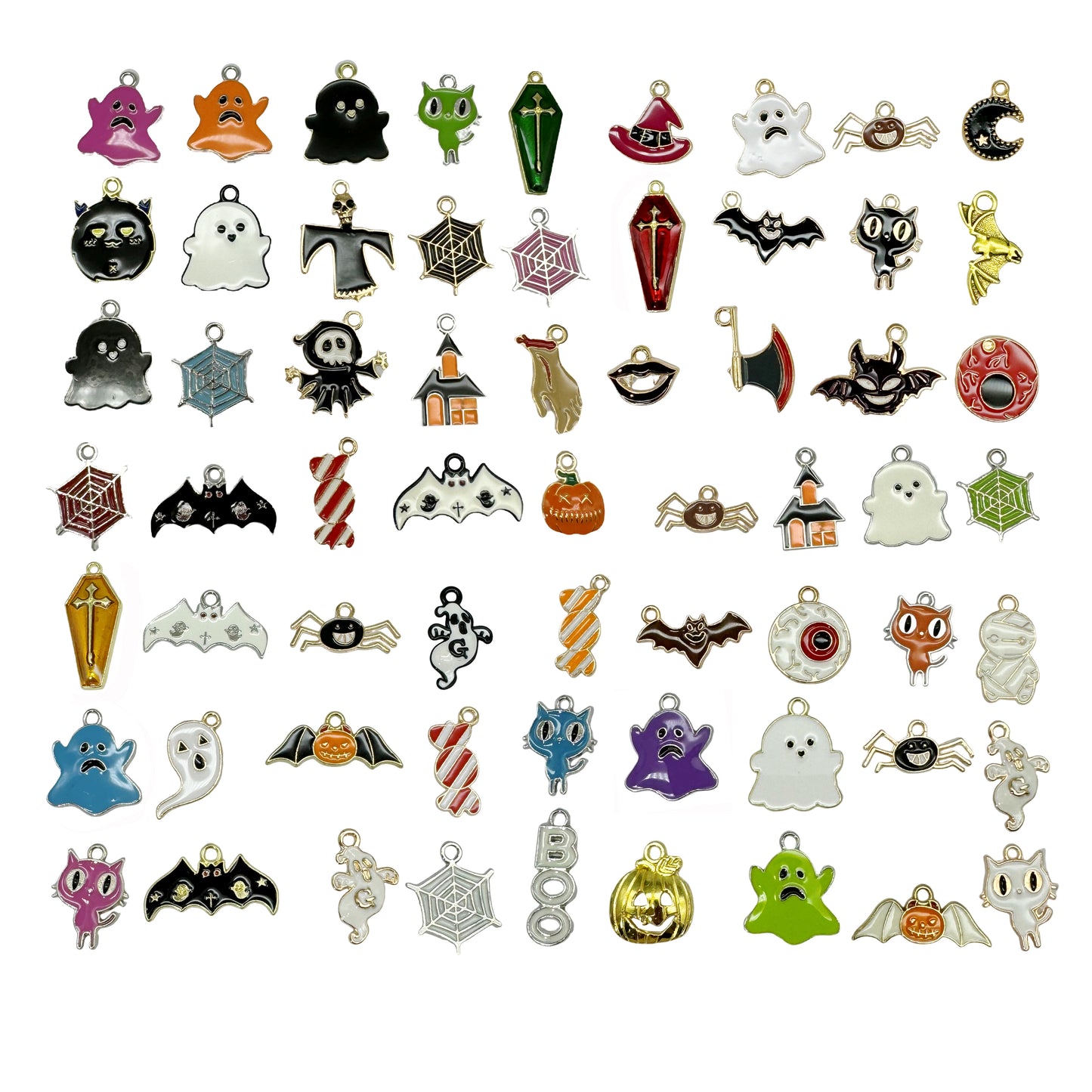 50PCS Mixed Halloween Theme Alloy Charms Enamel Ghosts Bats Cats Pendants for Party Decor Festival Gifts Jewelry Making Accessories