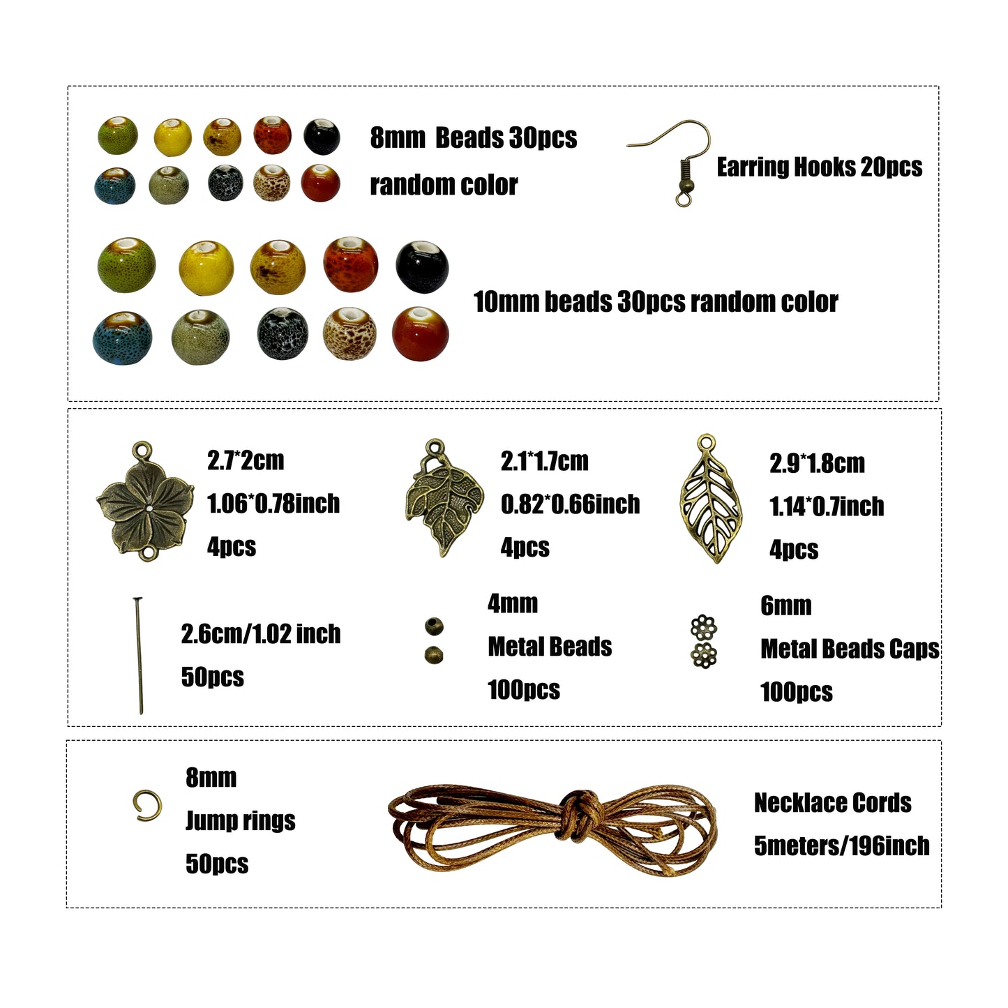 392PCS Jewelry Findings Multi-Color 8/10mm Enamel Ceramic Beads Tiny Alloy Bead for Necklace Bracelet Earring Making, Metal Flower Leaf Charms Jump Rings Bead Caps for DIY Crafts Supplies