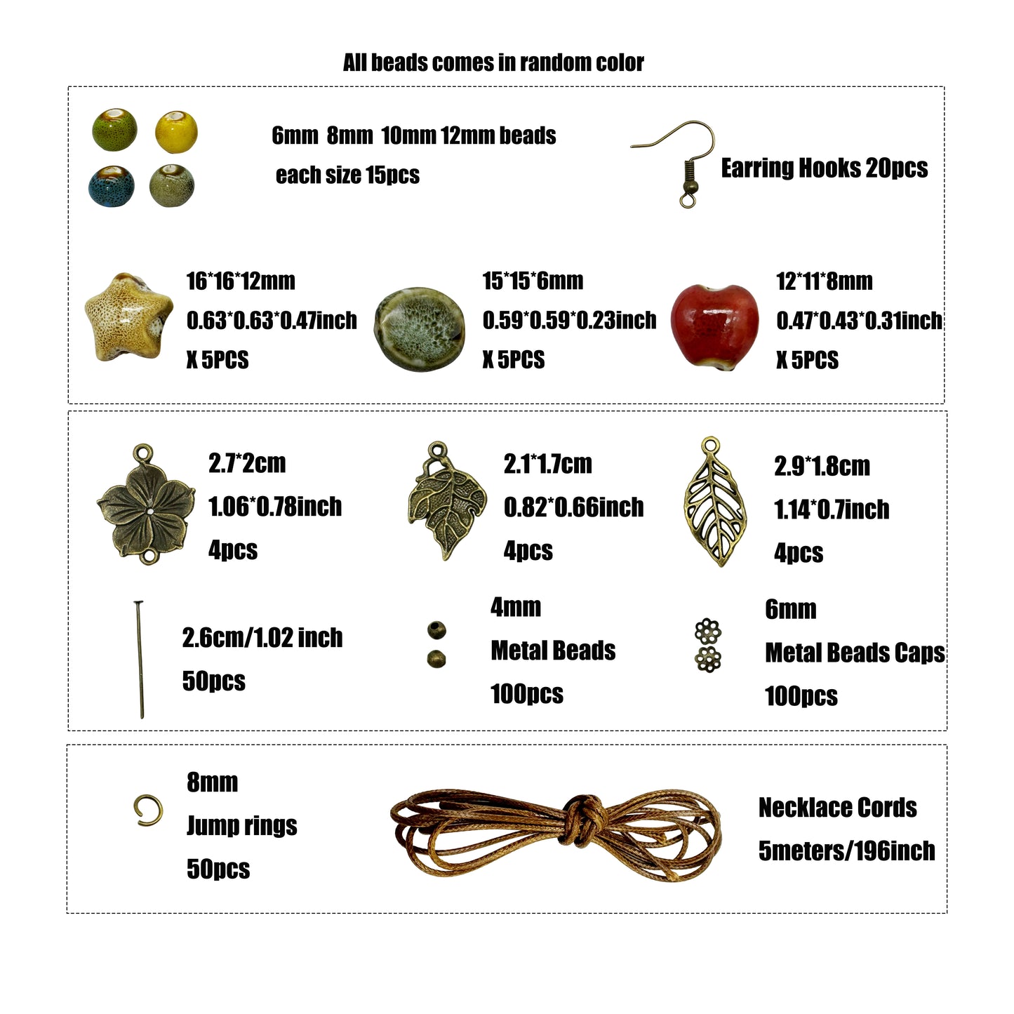 1 Box Jewelry Making Set with 407pcs Findings & 1 Roll Cord, DIY Necklace Bracelet Earring Supplies including Ceramic Beads Alloy Beads Jump Rings Bead Caps Leaf Flower Charms | Crafts Gifts