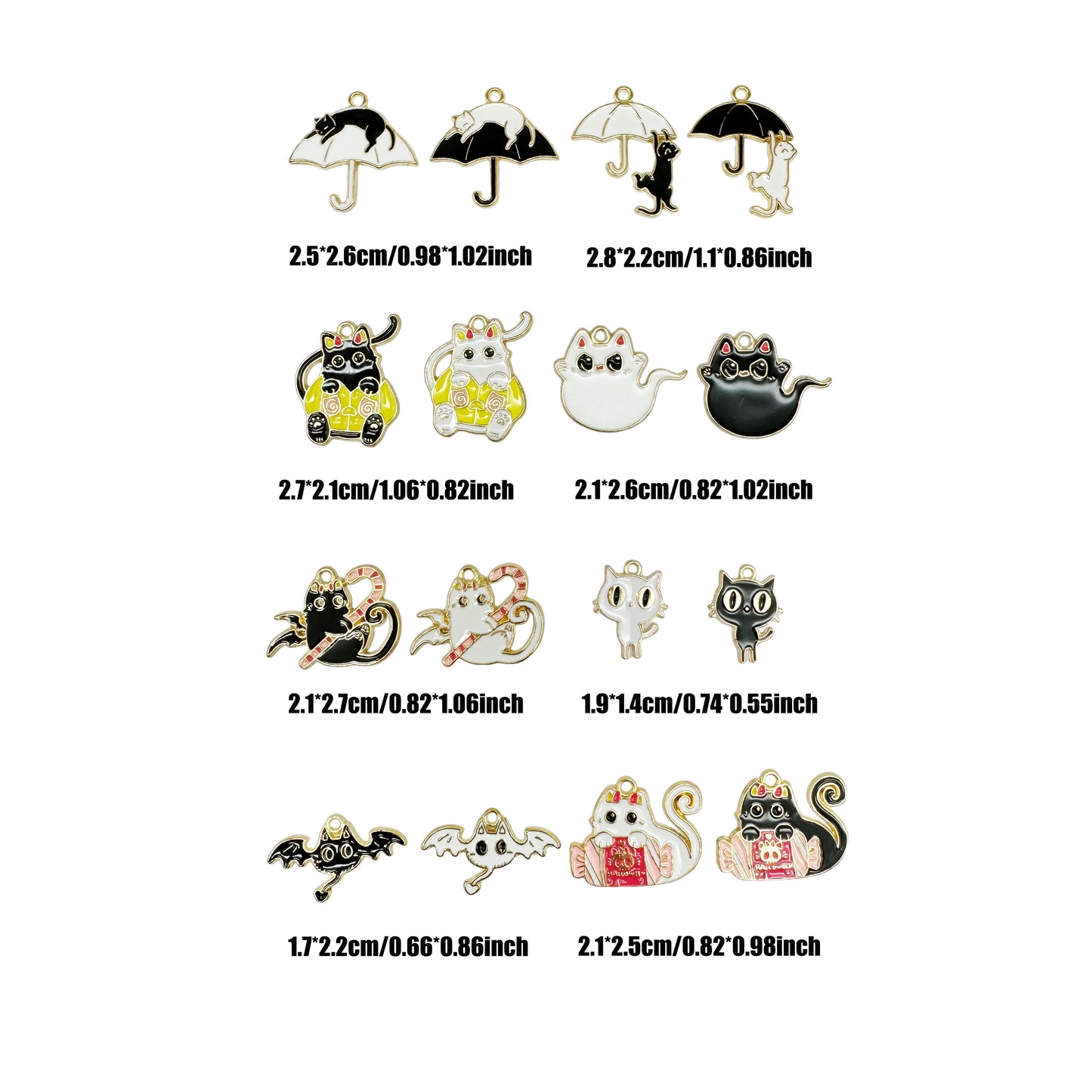16Pcs Halloween Cat Charms Enamel Umbrella Cat, Ghost Cat, Candy Cat, Happy Cat Pendant Alloy Jewelry Accessories for Necklace Bracelet Earring Making Crafts Supplies