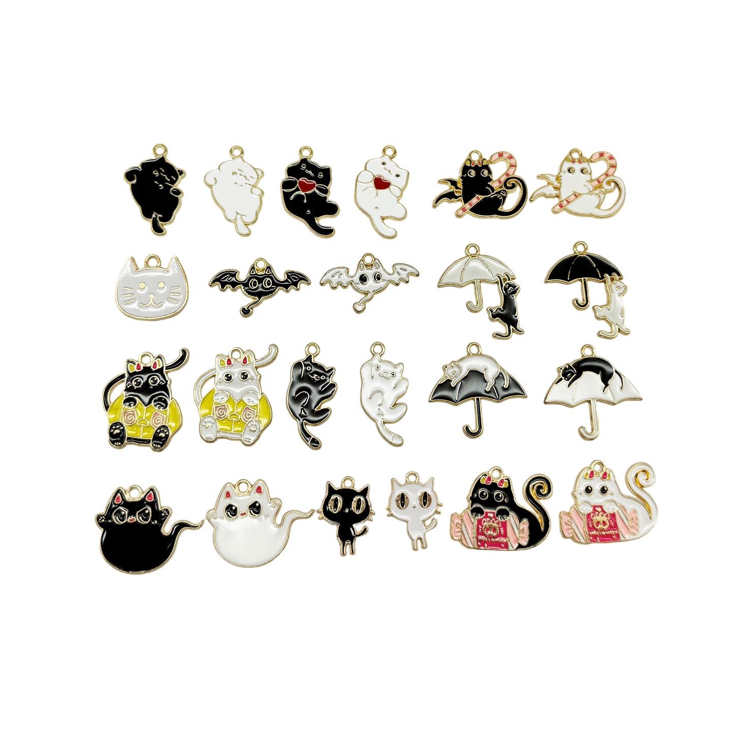 16Pcs Halloween Cat Charms Enamel Umbrella Cat, Ghost Cat, Candy Cat, Happy Cat Pendant Alloy Jewelry Accessories for Necklace Bracelet Earring Making Crafts Supplies