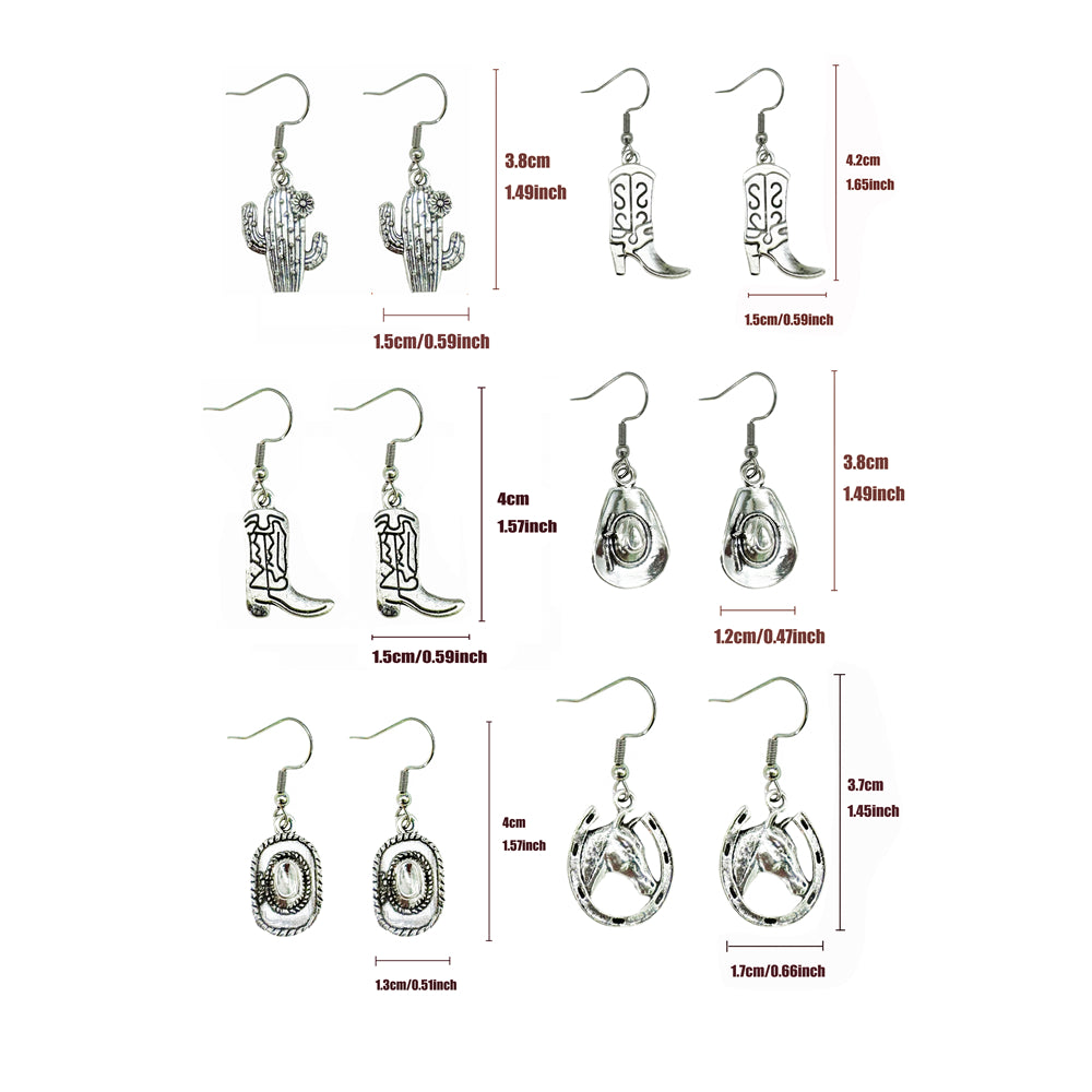 1 Pair Retro Silver Western Cowboy Collection Earrings Alloy Hats Boots Cactus Shaped Hook Earrings Women Ladies Hypoallergenic Earring Piercing Jewelry
