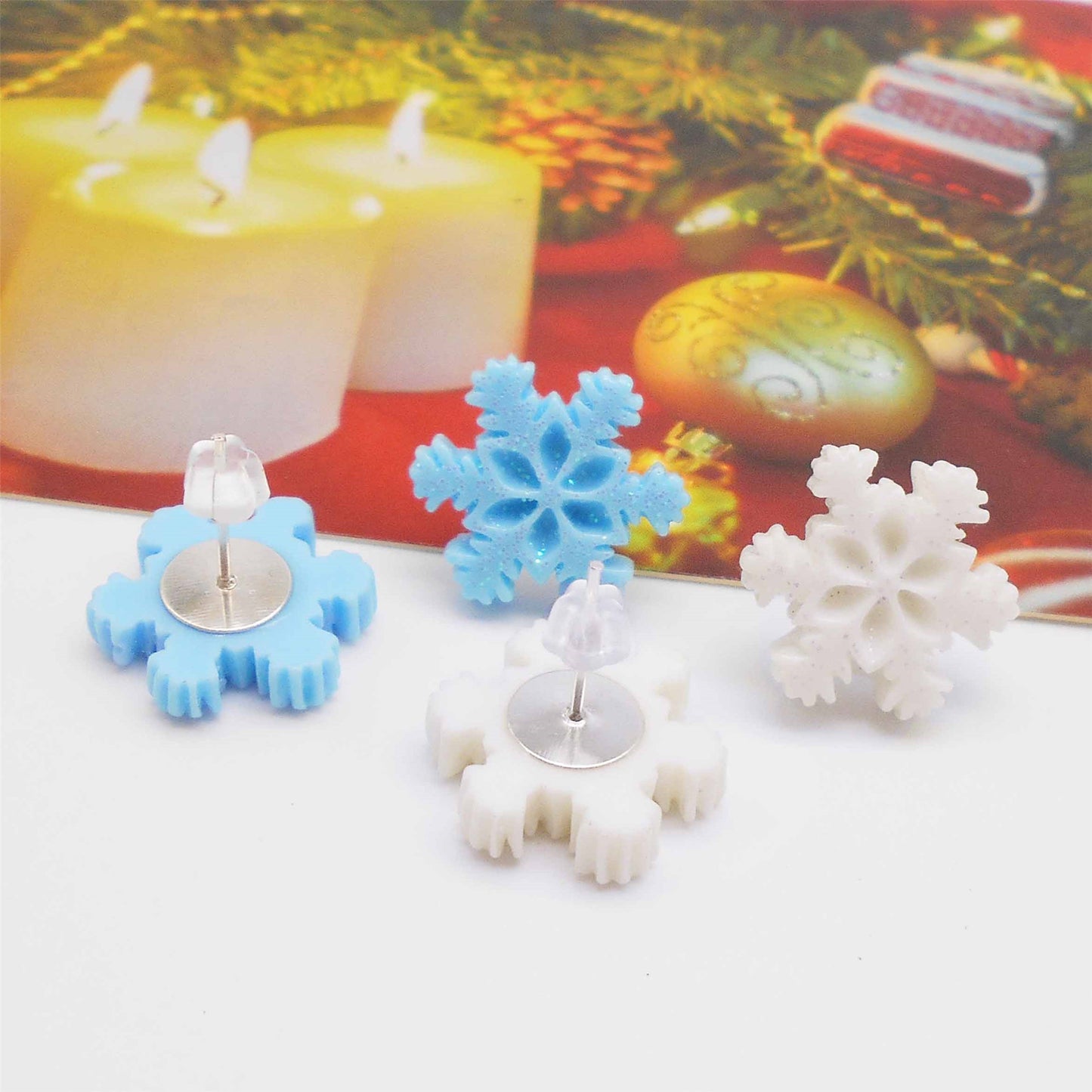 1 Pair 16mm Snowflake Ear Stud with Transparent Plum Blossom Shaped Silicone Earring Back Resin Earrings Women Girls Hypoallergenic Earring Piercing Jewelry