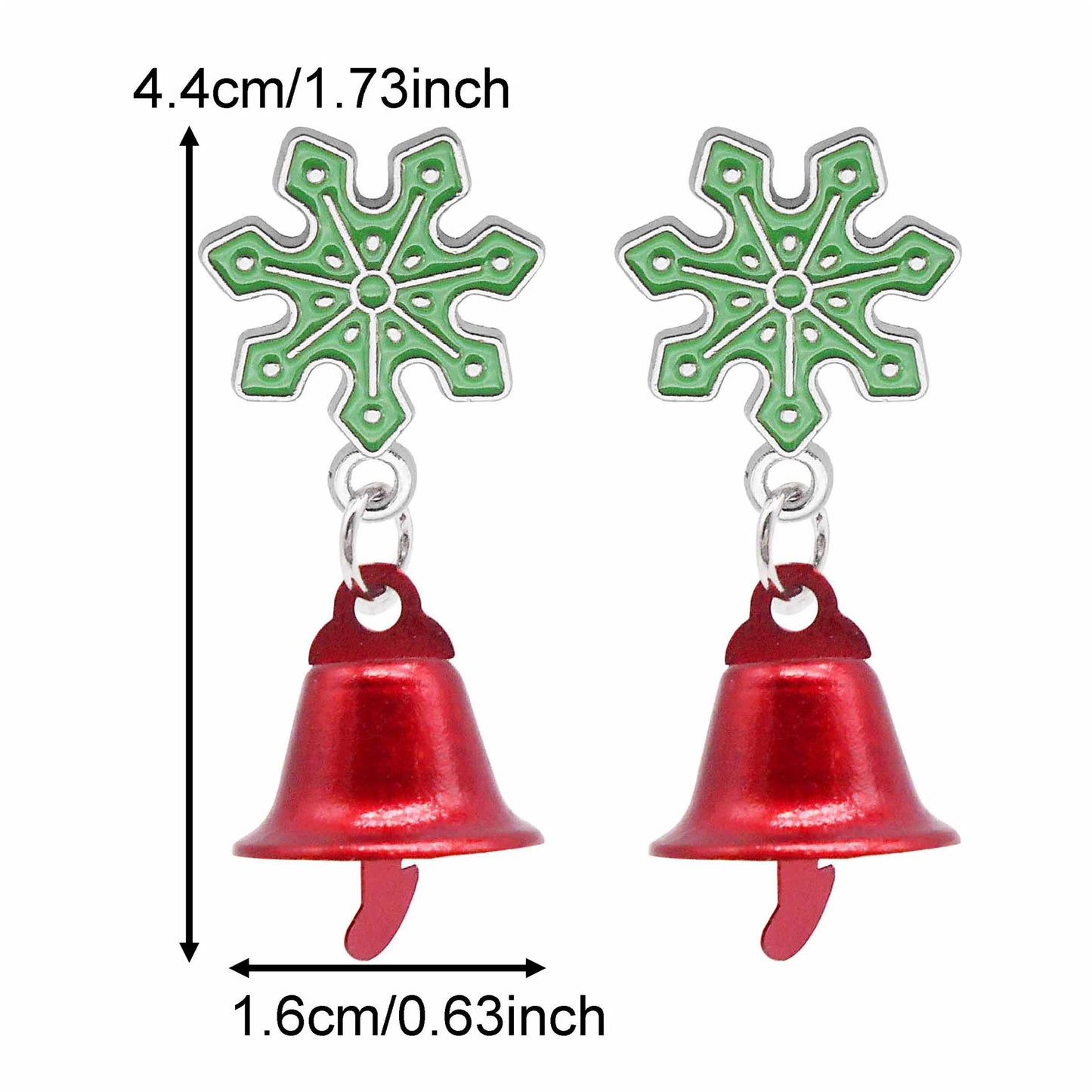 1 Pair 44x16mm Alloy Snowflake Earrings with Silicone Earring Back Iron Jingle Bell Dangle Ear Stud Christmas Gifts Women Ladies Hypoallergenic Ear Jewelry