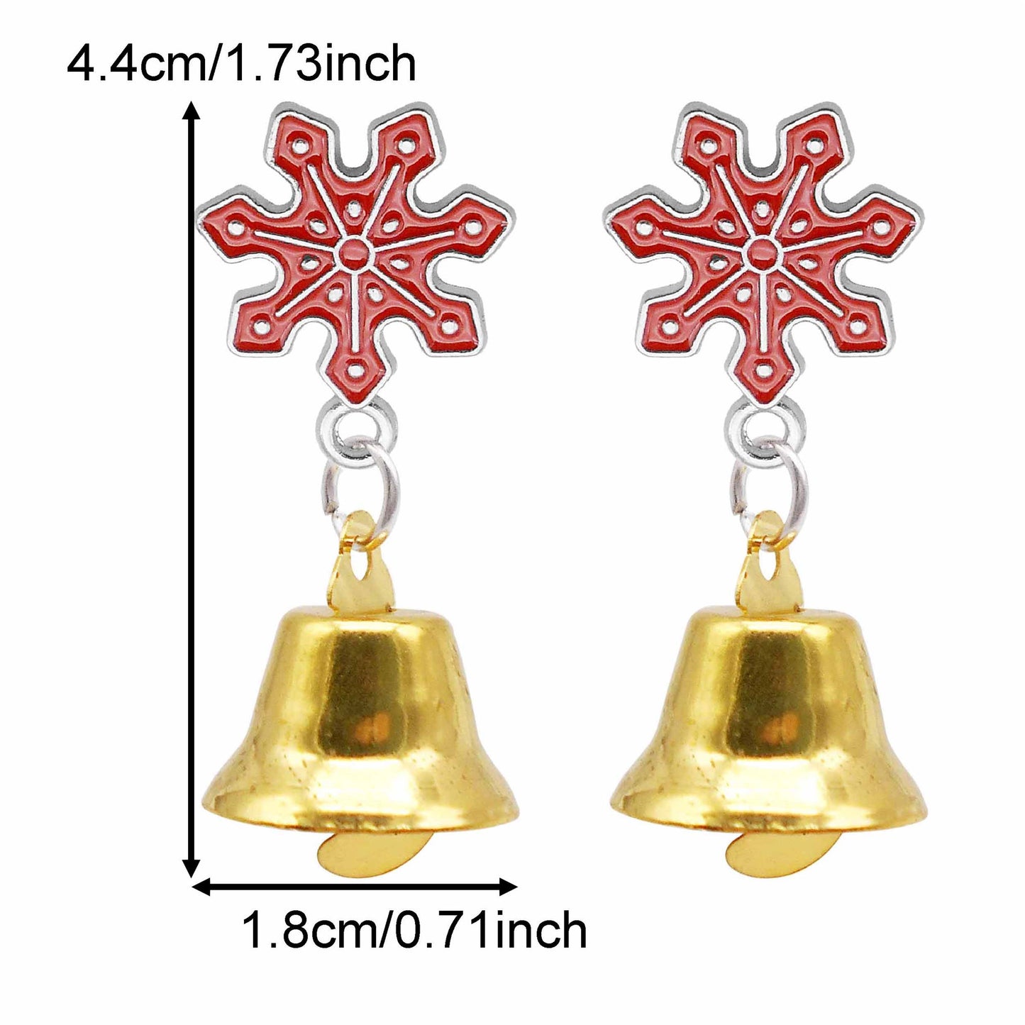 1 Pair 44x16mm Alloy Snowflake Earrings with Silicone Earring Back Iron Jingle Bell Dangle Ear Stud Christmas Gifts Women Ladies Hypoallergenic Ear Jewelry
