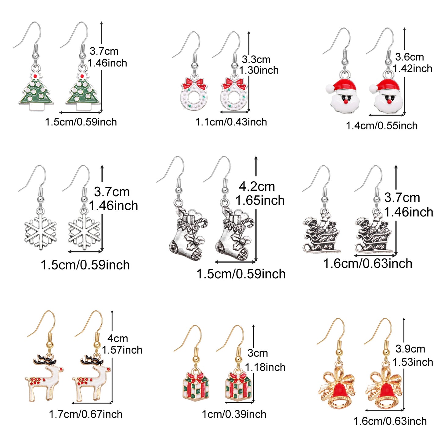 9 Pairs Christmas Collection Alloy Hook Earrings Enamel Elk Jingle Bell Dangle Earrings Hypoallergenic Ear Piercing Jewelry for Women Ladies Festival&Birthday Gifts