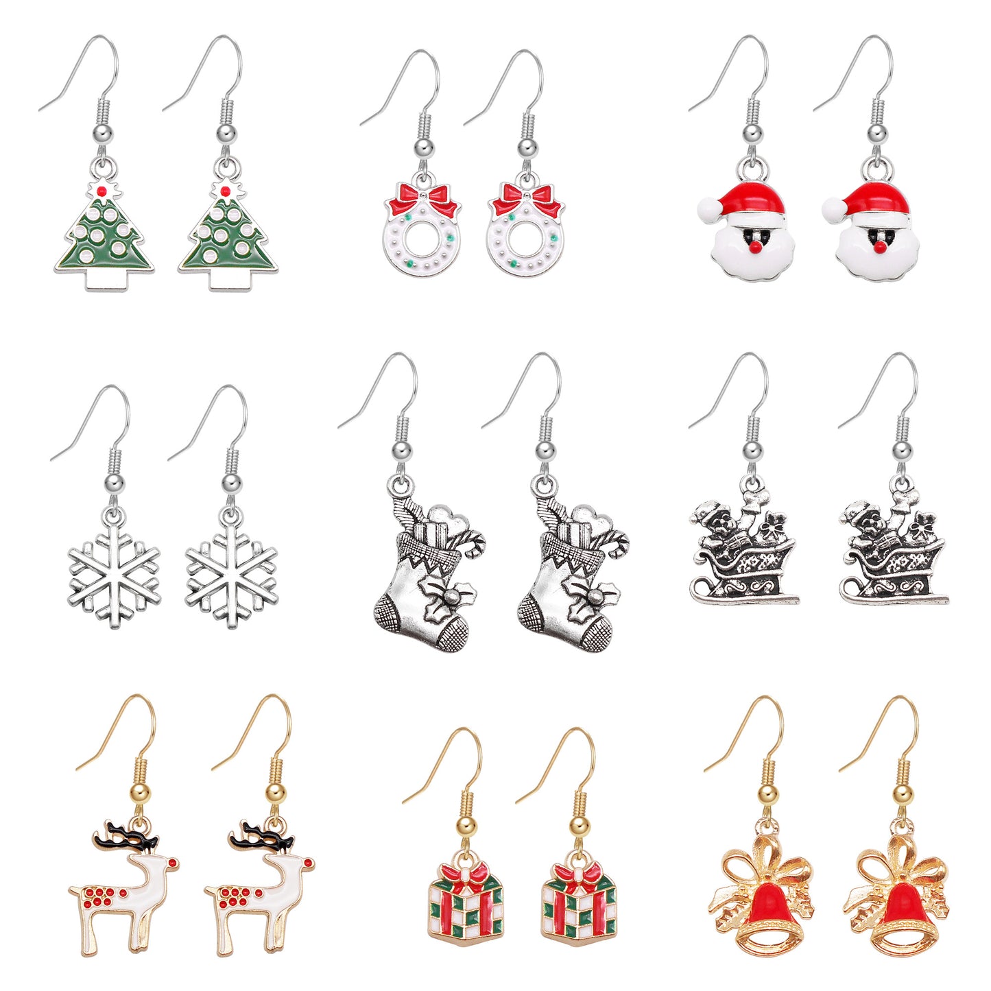 9 Pairs Christmas Collection Alloy Hook Earrings Enamel Elk Jingle Bell Dangle Earrings Hypoallergenic Ear Piercing Jewelry for Women Ladies Festival&Birthday Gifts