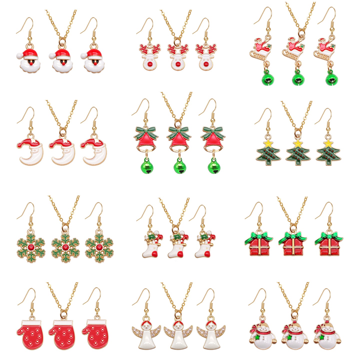 Christmas Theme Jewelry Set - Enamel Alloy Necklace&Earring Elk Snowflake Snowman Moon Gloves Pattern Designed - Delicate Christmas Gifts for Ladies Girls