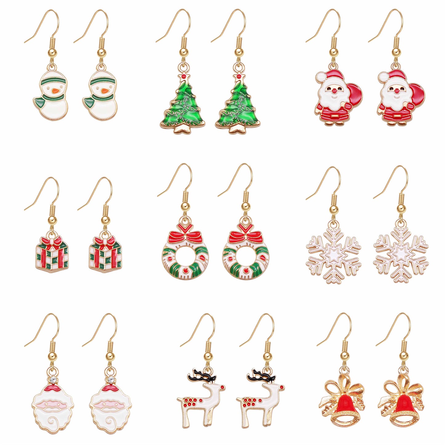 1 Pair Golden Base Christmas Collection Earrings Enamel Snowman Elk Snowflake Pattern Hook Earring Women Hypoallergenic Ear Piercing Jewelry