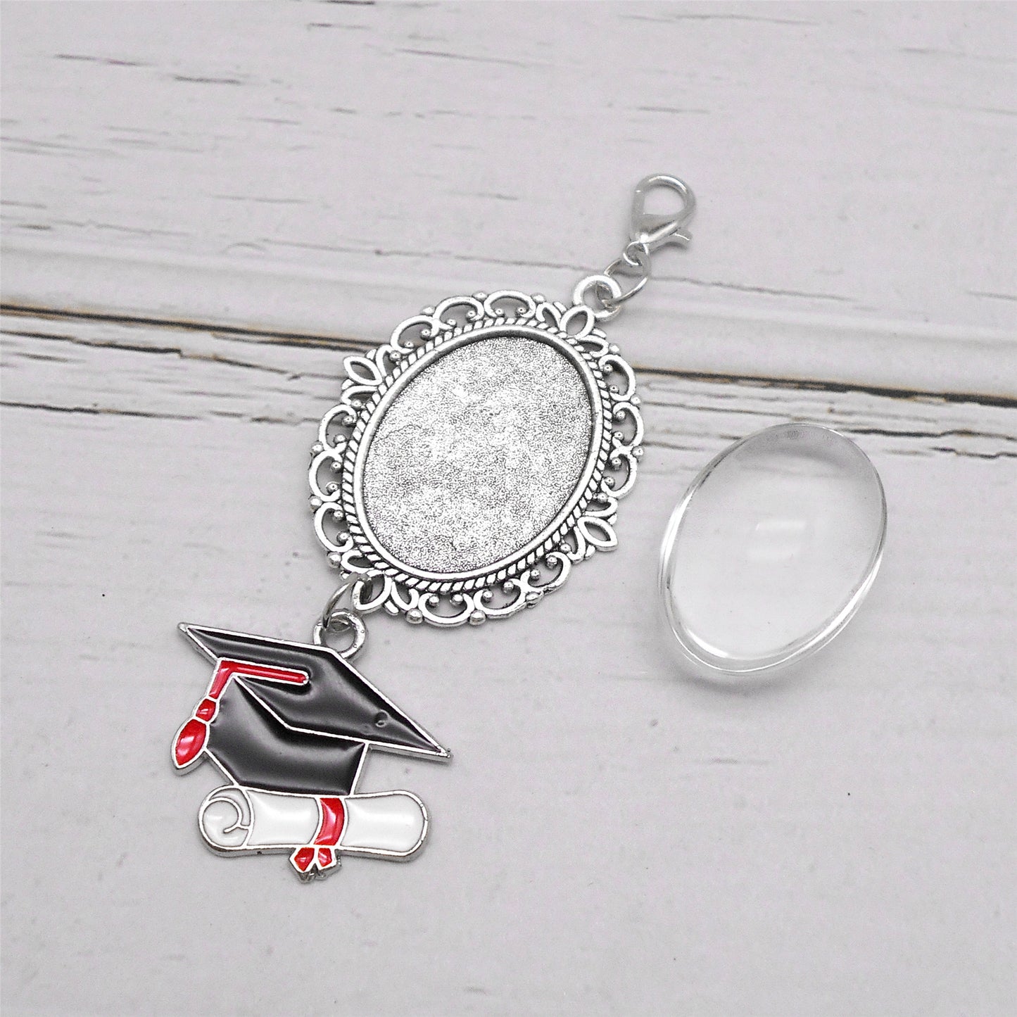 1 Piece 75*30mm Doctoral Cap Dangle Charms Silver Floral Bezel Blank Graduation Photo Setting Tray with Glass Cabochons Alloy Jewelry Pendant for Bachelor Cap Decoration