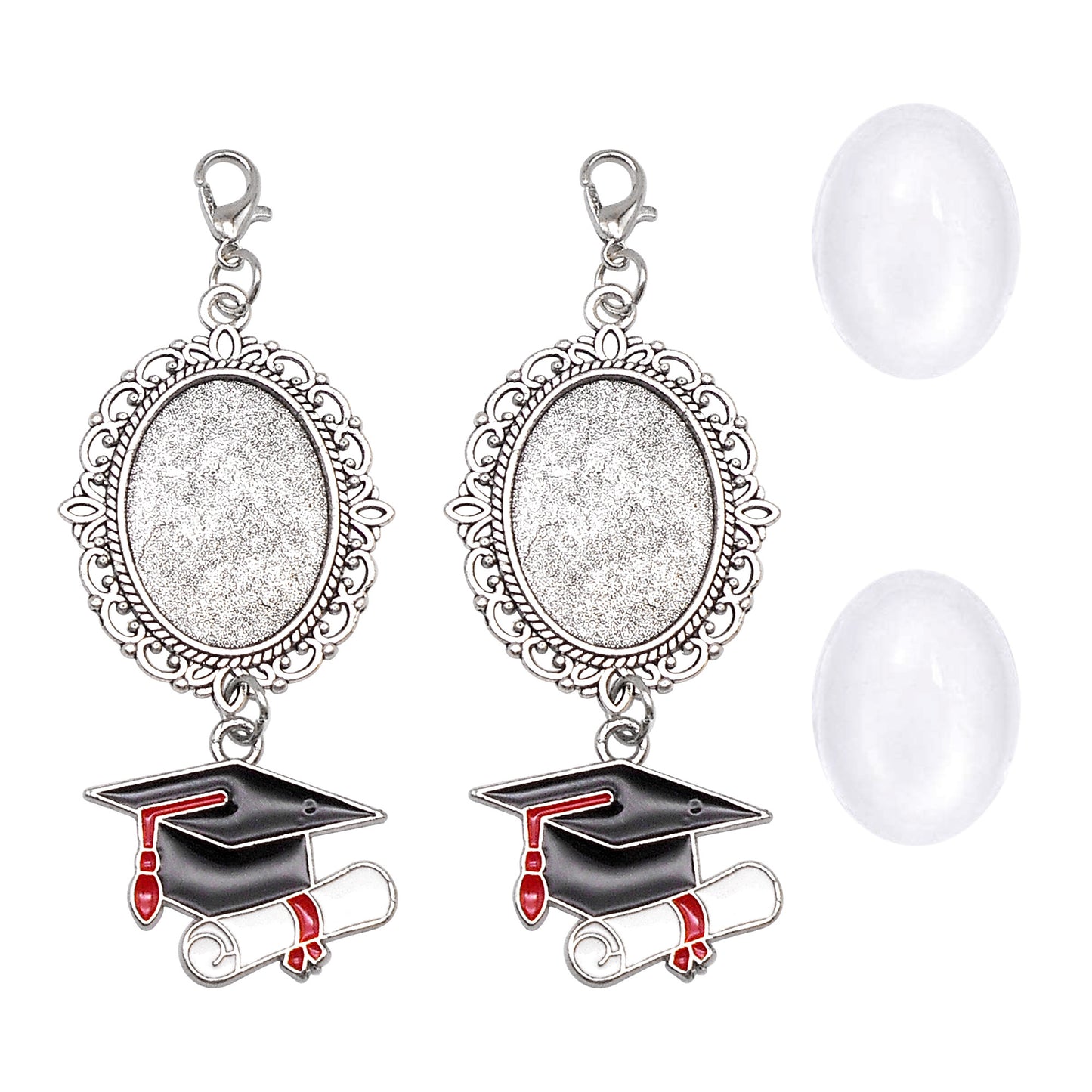 1 Piece 75*30mm Doctoral Cap Dangle Charms Silver Floral Bezel Blank Graduation Photo Setting Tray with Glass Cabochons Alloy Jewelry Pendant for Bachelor Cap Decoration