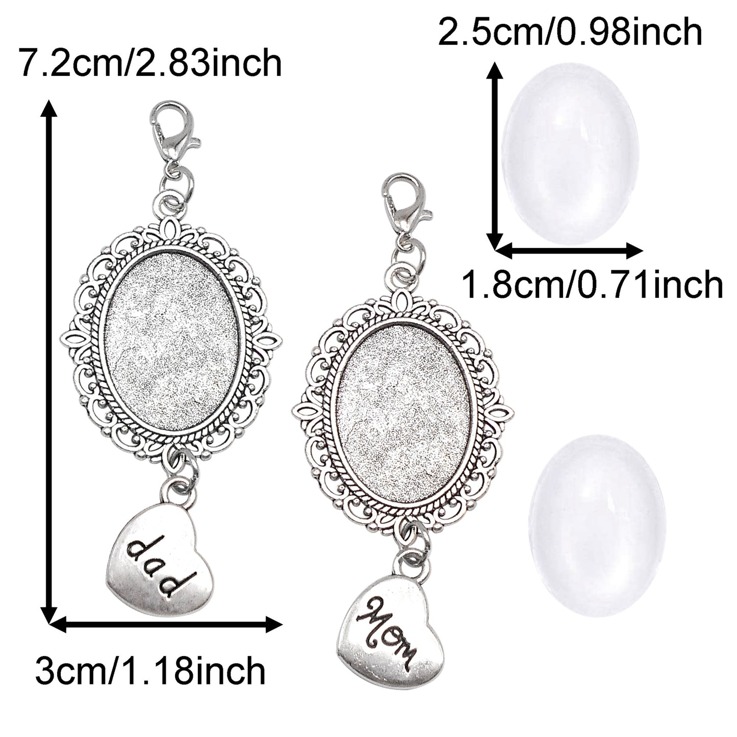 1 Piece 72x30mm Alloy Bezel Memorial Photo Setting Tray Love Heart Dangle Pendant Silver Blank Base Charms with Glass Cabochons for Inlay Dad Mom Souvenir Photo