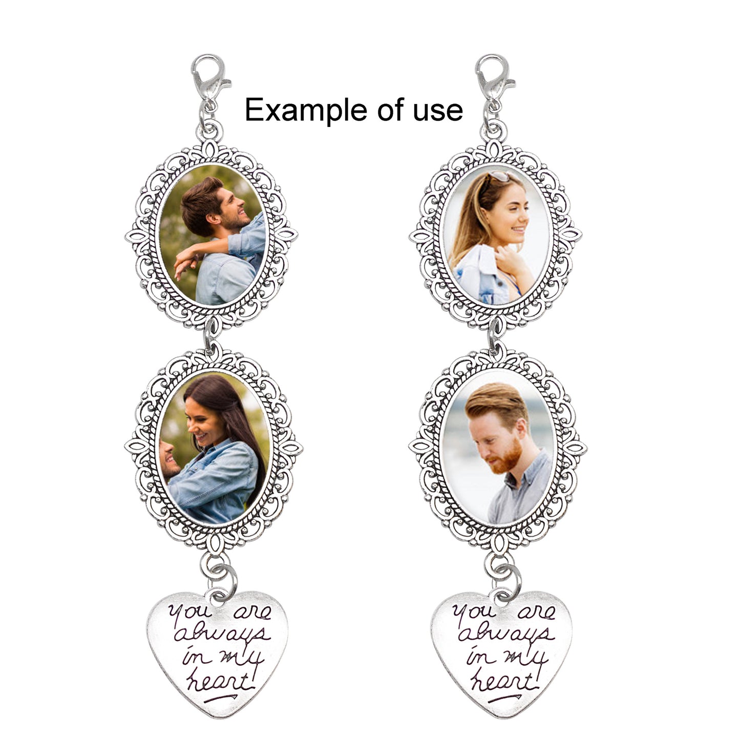 1 Piece 118*30mm Alloy Base Couple Photo Setting Tray Silver Love Heart Dangle Pendant with Glass Cabochons Floral Bezel Charms Valentine's Day Gifts for Couple