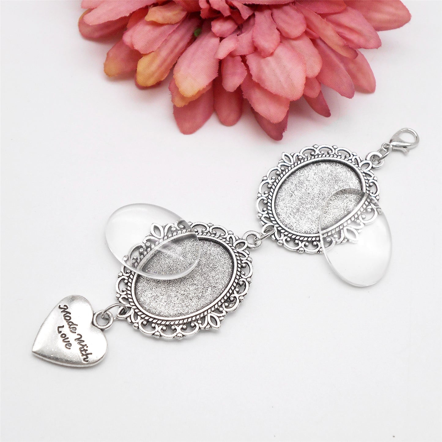 1 Piece 115*30mm Alloy Bezel Memorial Photo Setting Tray 'Made With Love' Heart Dangle Pendant Silver Blank Base Charms with Cabochons for Inlay Couple Picture Wedding Bridal Decoration