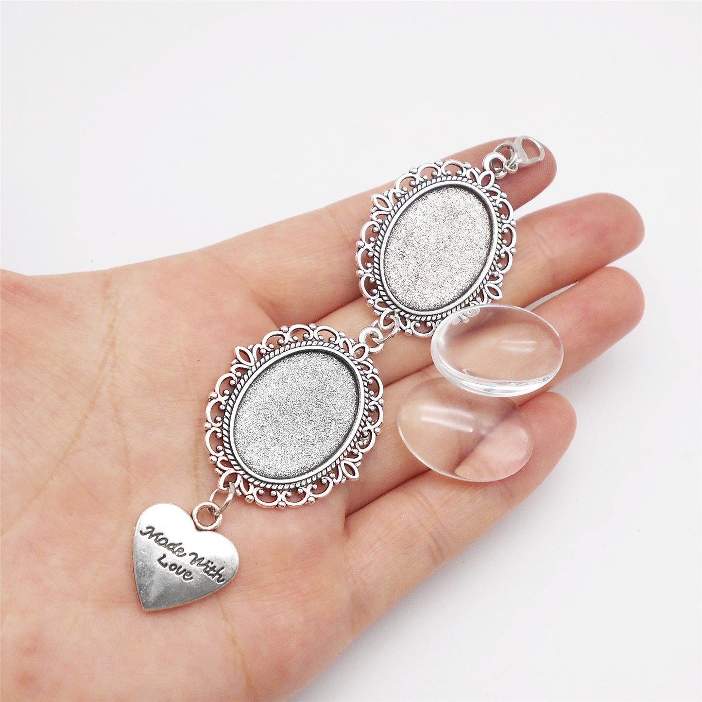 1 Piece 115*30mm Alloy Bezel Memorial Photo Setting Tray 'Made With Love' Heart Dangle Pendant Silver Blank Base Charms with Cabochons for Inlay Couple Picture Wedding Bridal Decoration