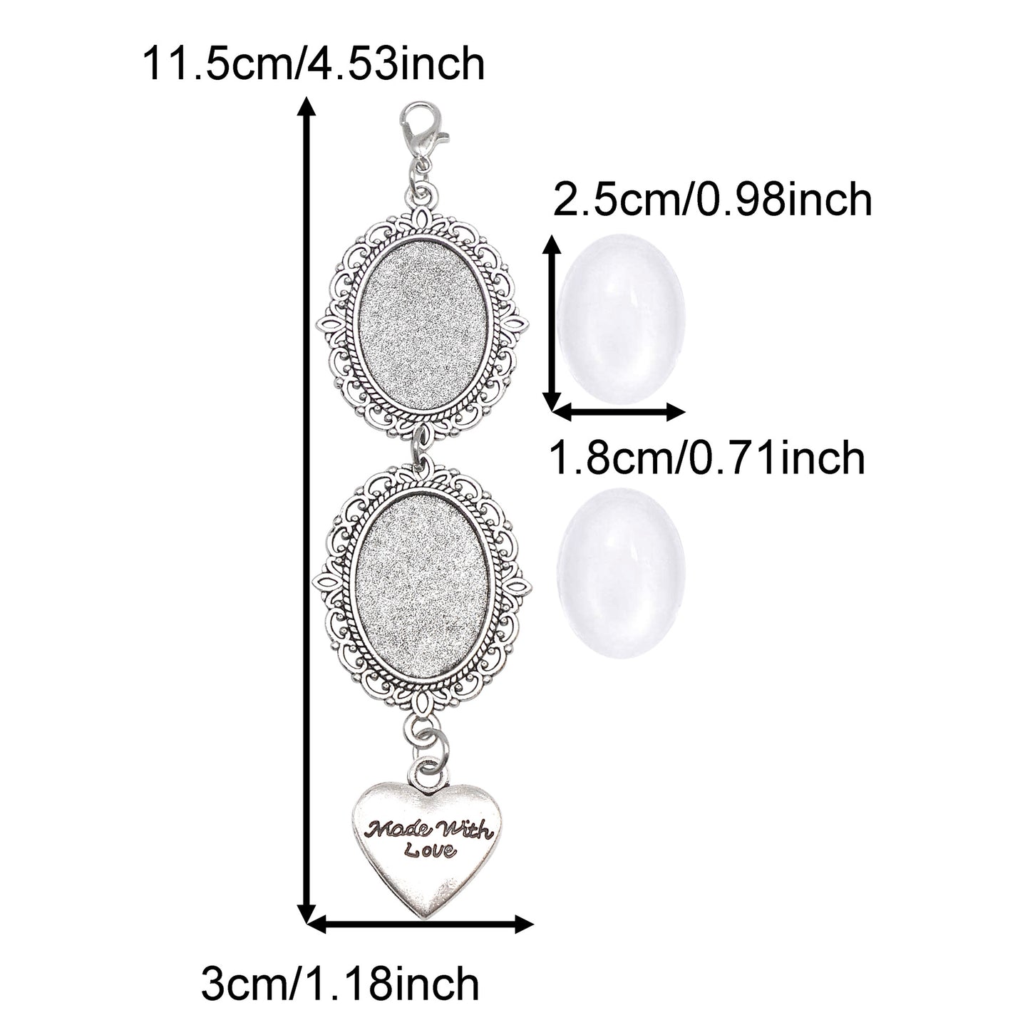 1 Piece 115*30mm Alloy Bezel Memorial Photo Setting Tray 'Made With Love' Heart Dangle Pendant Silver Blank Base Charms with Cabochons for Inlay Couple Picture Wedding Bridal Decoration