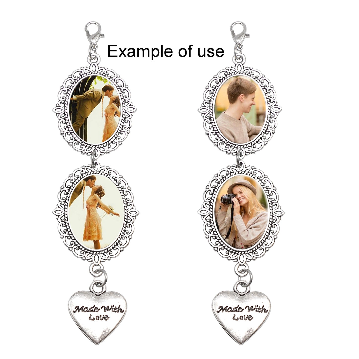 1 Piece 115*30mm Alloy Bezel Memorial Photo Setting Tray 'Made With Love' Heart Dangle Pendant Silver Blank Base Charms with Cabochons for Inlay Couple Picture Wedding Bridal Decoration