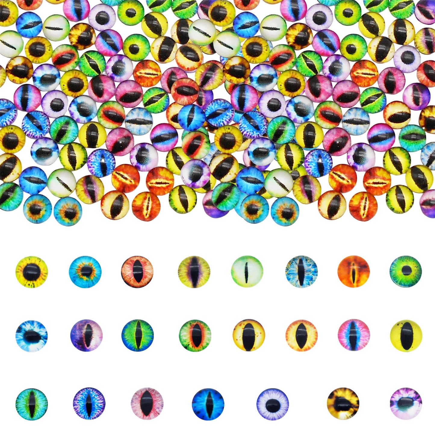 10PCS 6mm Multi-Style Round&Vertical Pupil Dragon Eyes for Animal Dolls Decor,Flat Back Glass Cabochons Nail Art Crafts for Women