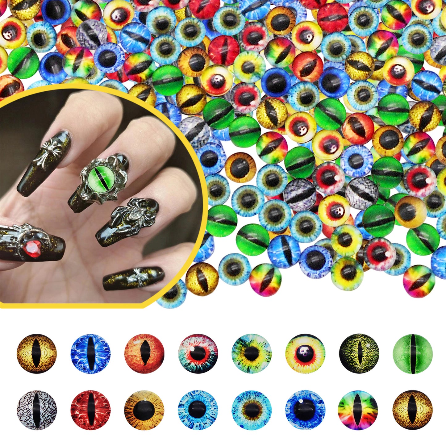 10PCS 6mm Multi-Style Round&Vertical Pupil Dragon Eyes for Animal Dolls Decor,Flat Back Glass Cabochons Nail Art Crafts for Women