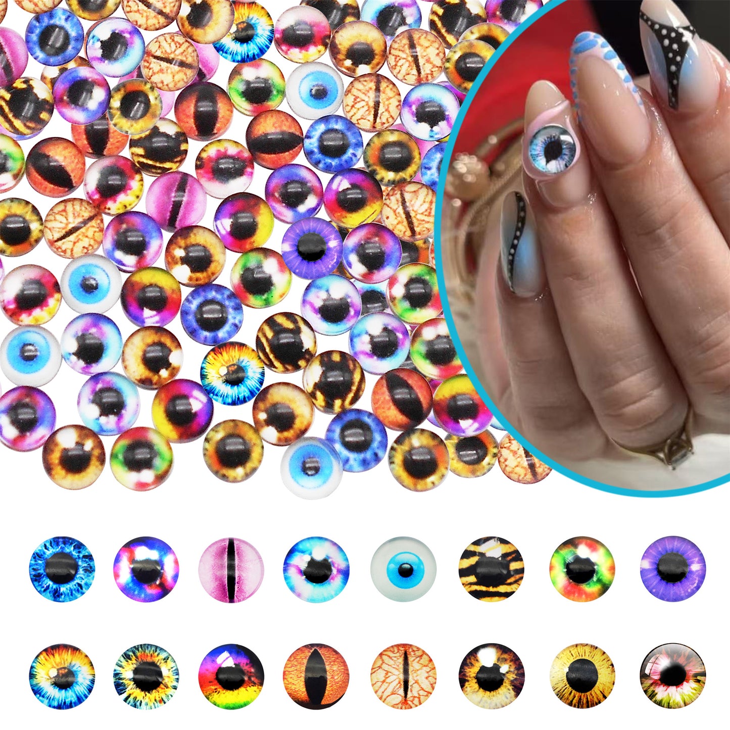 10PCS 6mm Multi-Style Round&Vertical Pupil Dragon Eyes for Animal Dolls Decor,Flat Back Glass Cabochons Nail Art Crafts for Women