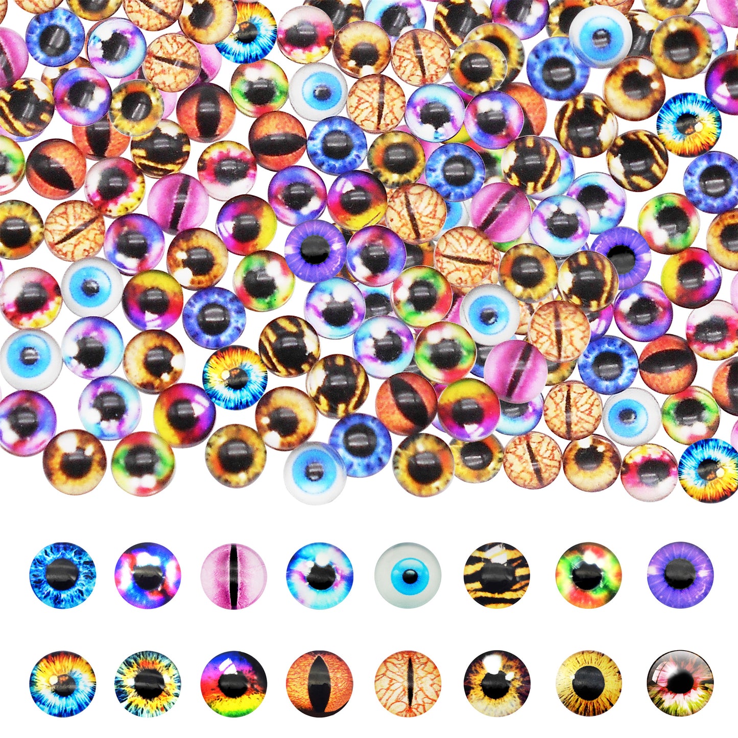 10PCS 6mm Multi-Style Round&Vertical Pupil Dragon Eyes for Animal Dolls Decor,Flat Back Glass Cabochons Nail Art Crafts for Women