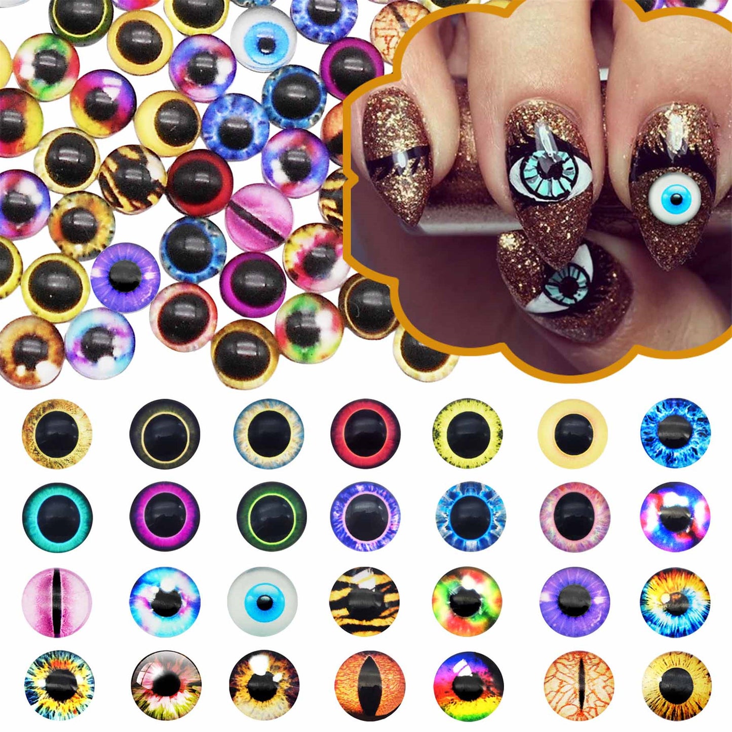 10PCS 6mm Multi-Style Round&Vertical Pupil Dragon Eyes for Animal Dolls Decor,Flat Back Glass Cabochons Nail Art Crafts for Women