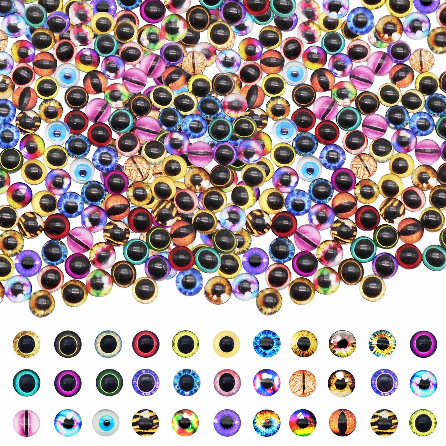 10PCS 6mm Multi-Style Round&Vertical Pupil Dragon Eyes for Animal Dolls Decor,Flat Back Glass Cabochons Nail Art Crafts for Women