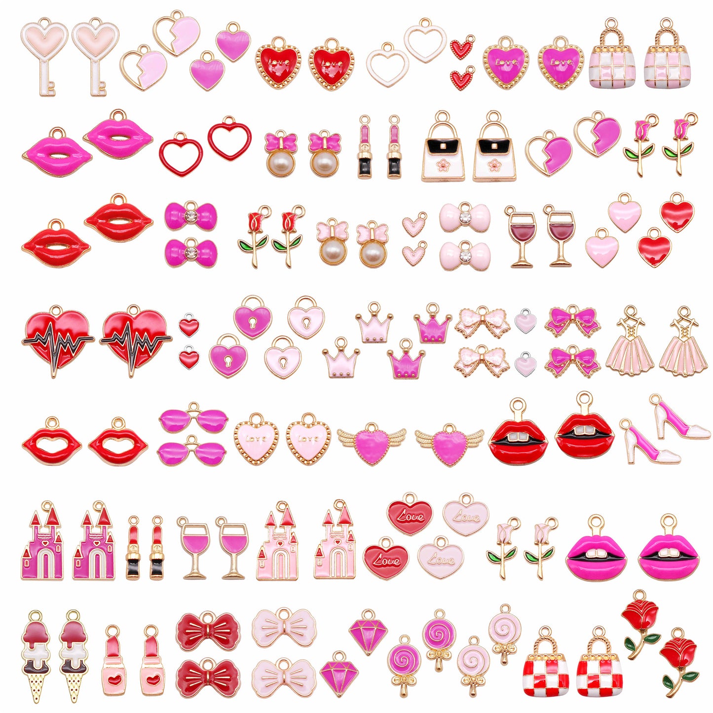 10Pcs Valentine Heart Red Lip Rose Charms Alloy Enamel Pendants for Couple Jewelry Accessories Crafts Decor Key Ring Dangle Supplies