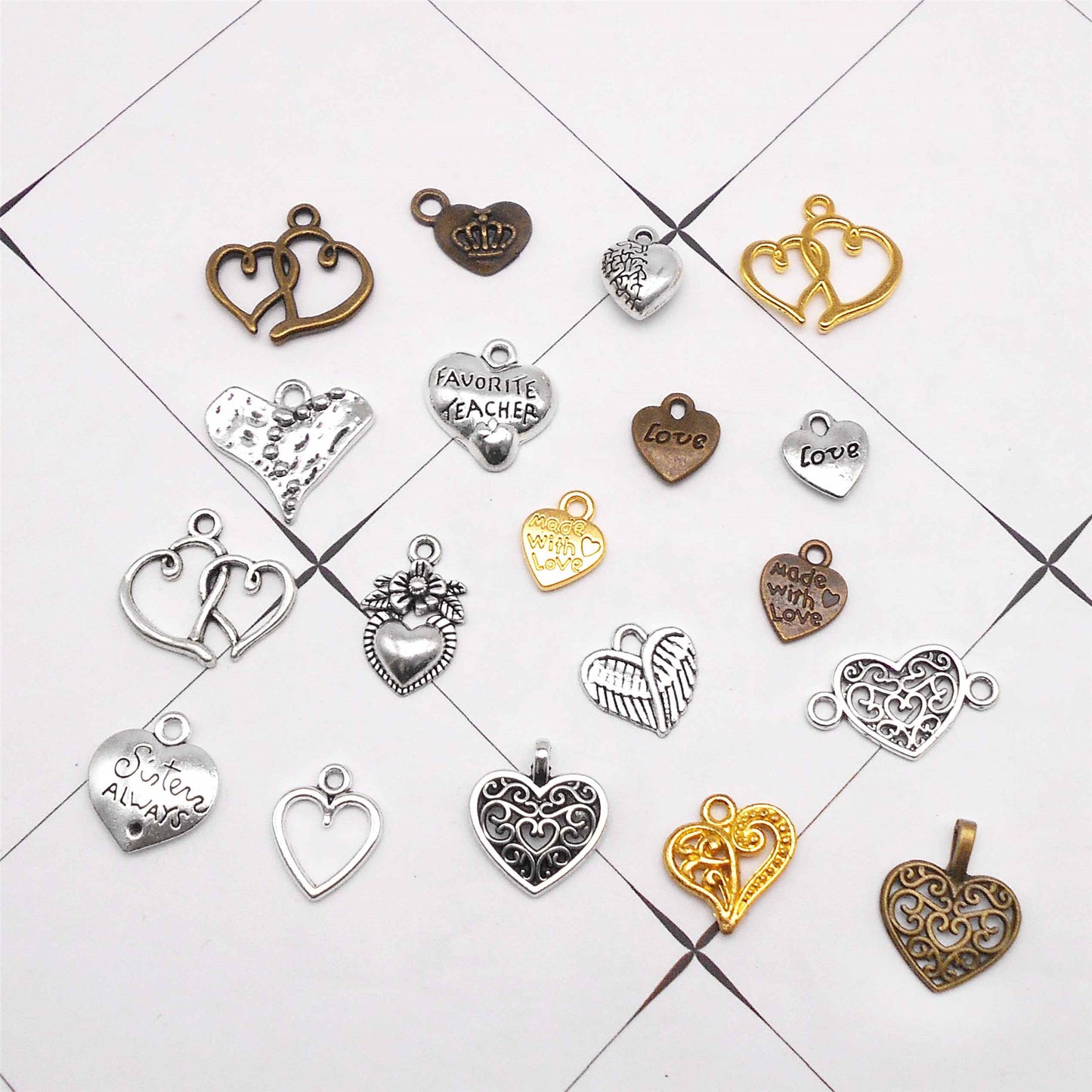 19Pcs Valentine Love Heart Pendant Charms Alloy for Jewelry Making Findings Necklace Bracelet Earring Decoration Crafts Supplies Key Chain Dangle Accessories