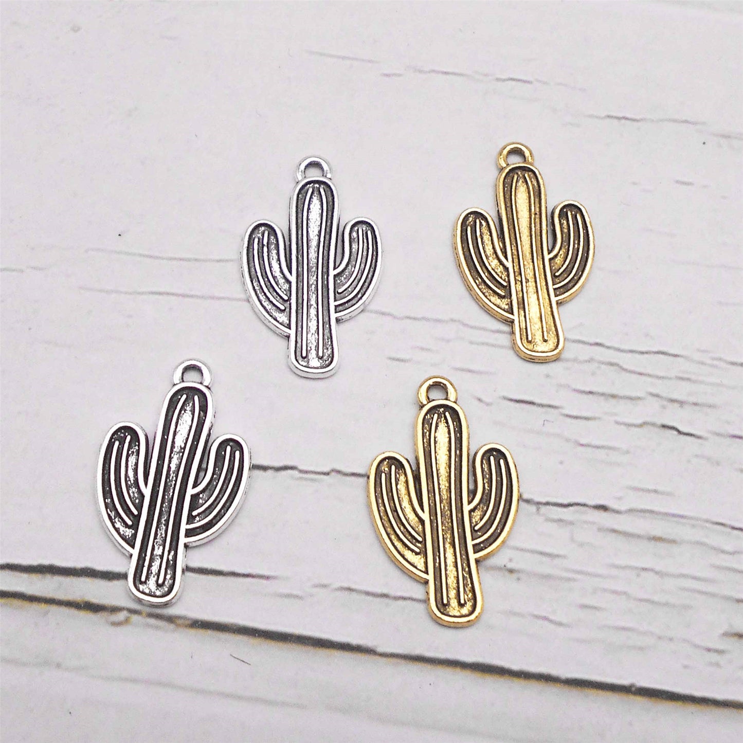 12PCS 26*16mm Metal Alloy Cactus Charms Retro Gold & Silver Desert Plant Pendants DIY Jewelry Crafts Necklace Bracelet Earring Decoration Keyring Dangle Making Supplies