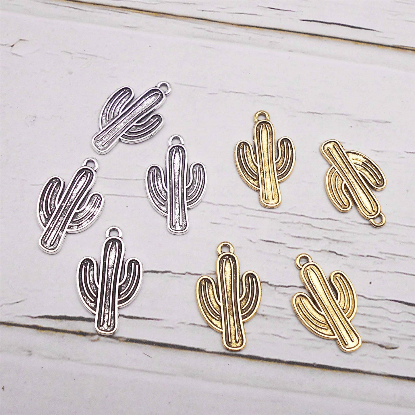 12PCS 26*16mm Metal Alloy Cactus Charms Retro Gold & Silver Desert Plant Pendants DIY Jewelry Crafts Necklace Bracelet Earring Decoration Keyring Dangle Making Supplies