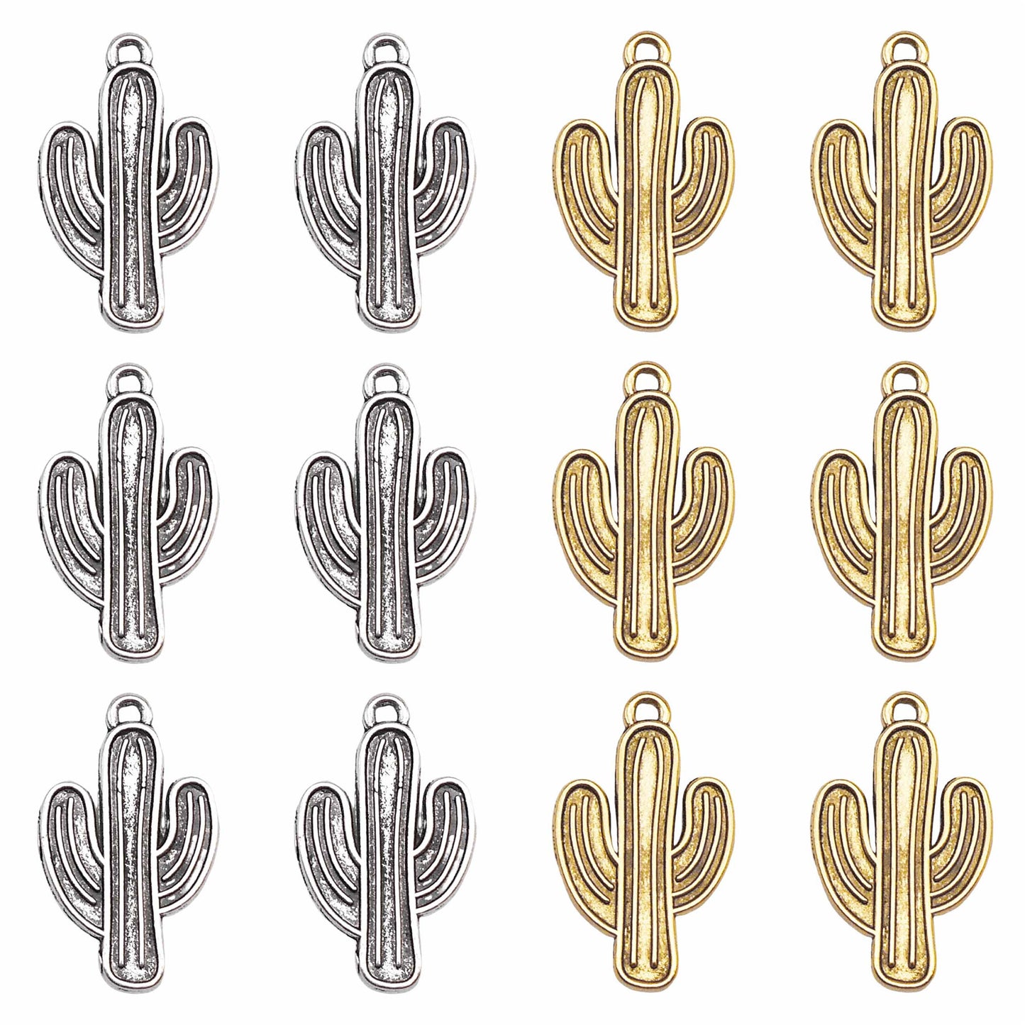 12PCS 26*16mm Metal Alloy Cactus Charms Retro Gold & Silver Desert Plant Pendants DIY Jewelry Crafts Necklace Bracelet Earring Decoration Keyring Dangle Making Supplies