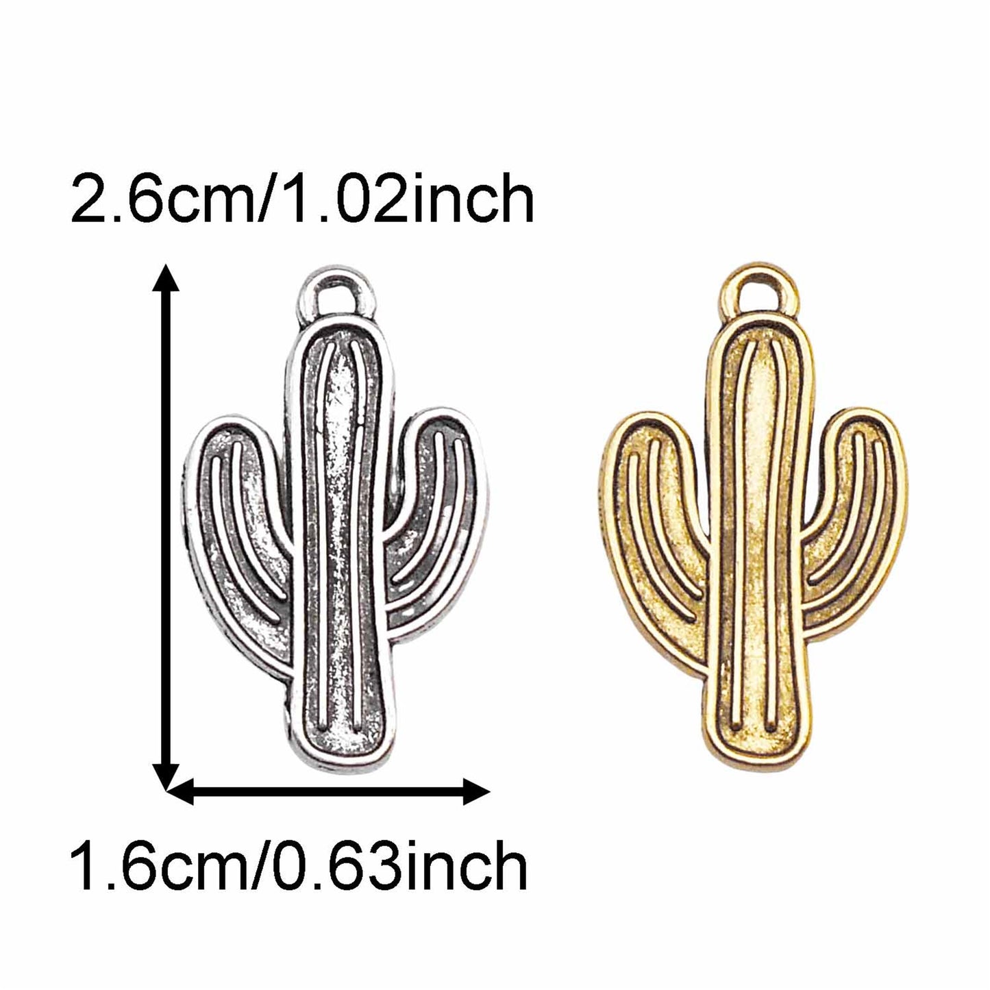12PCS 26*16mm Metal Alloy Cactus Charms Retro Gold & Silver Desert Plant Pendants DIY Jewelry Crafts Necklace Bracelet Earring Decoration Keyring Dangle Making Supplies