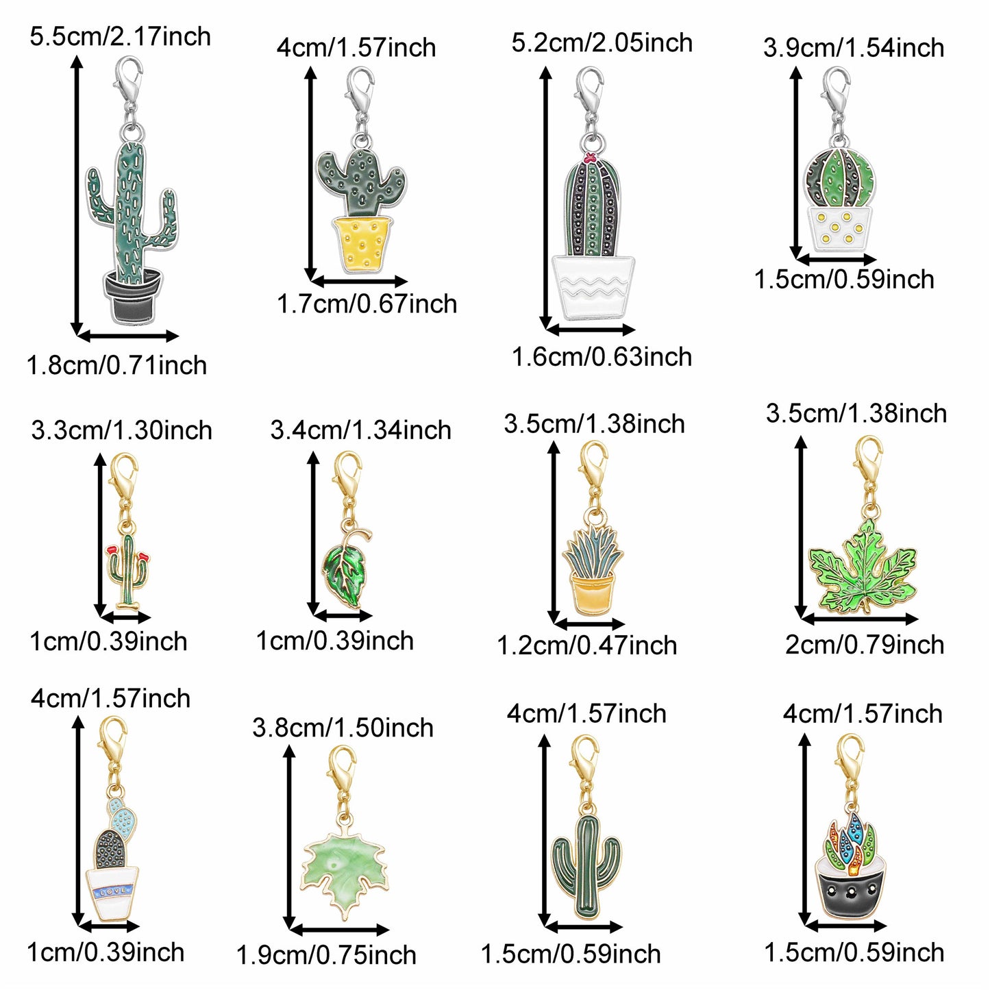 12PCS Green Enamel Cactus Charms w/ Lobster Clasp Alloy Leaf Pendant for DIY Jewelry Accessories Shoe Bag Hanging Decoration Keychain Dangle Yarn Marking Tool