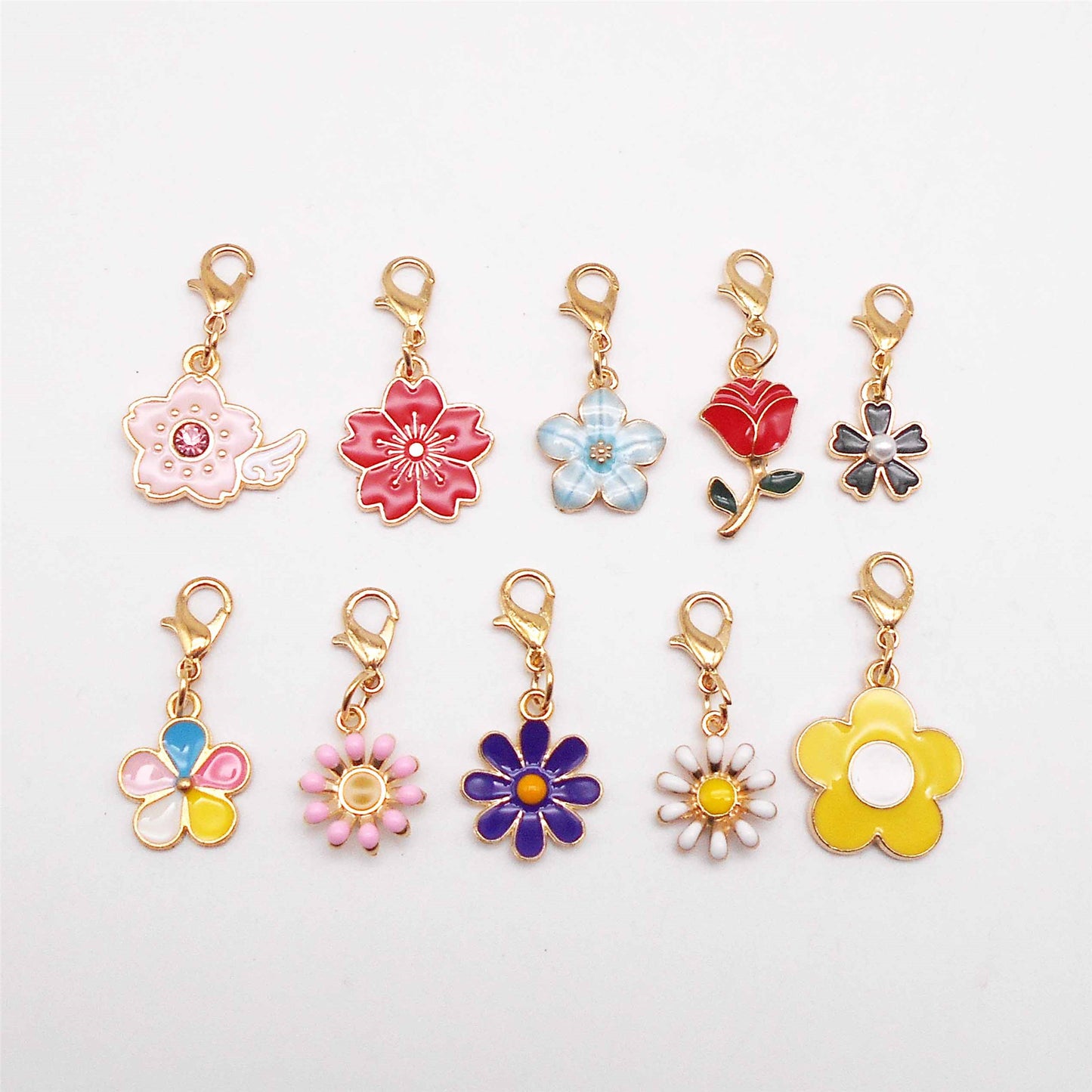 10PCS Enamel Flower Charms with Lobster Clasp Alloy Daisy Cherry Blossom Rose Pendant for Jewelry Accessories Shoe Bag Decoration DIY Craft Supplies