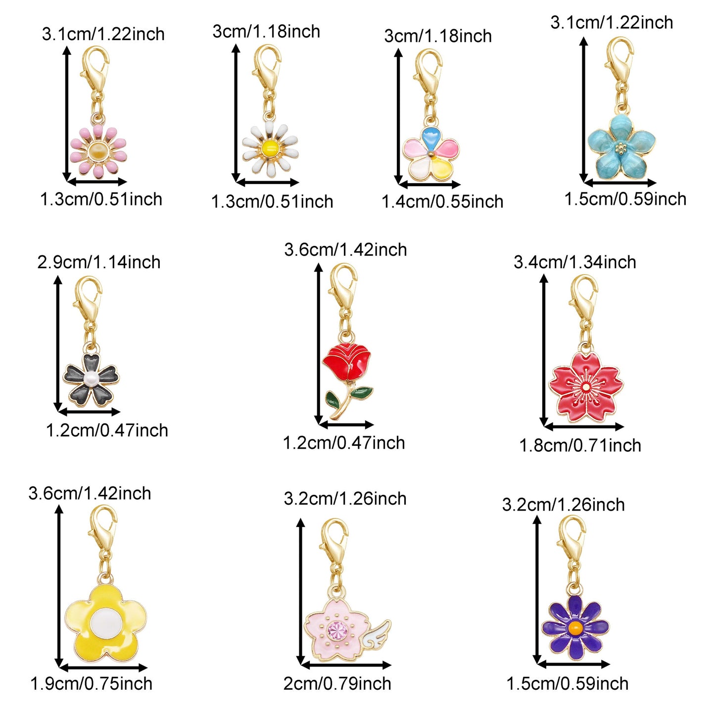 10PCS Enamel Flower Charms with Lobster Clasp Alloy Daisy Cherry Blossom Rose Pendant for Jewelry Accessories Shoe Bag Decoration DIY Craft Supplies