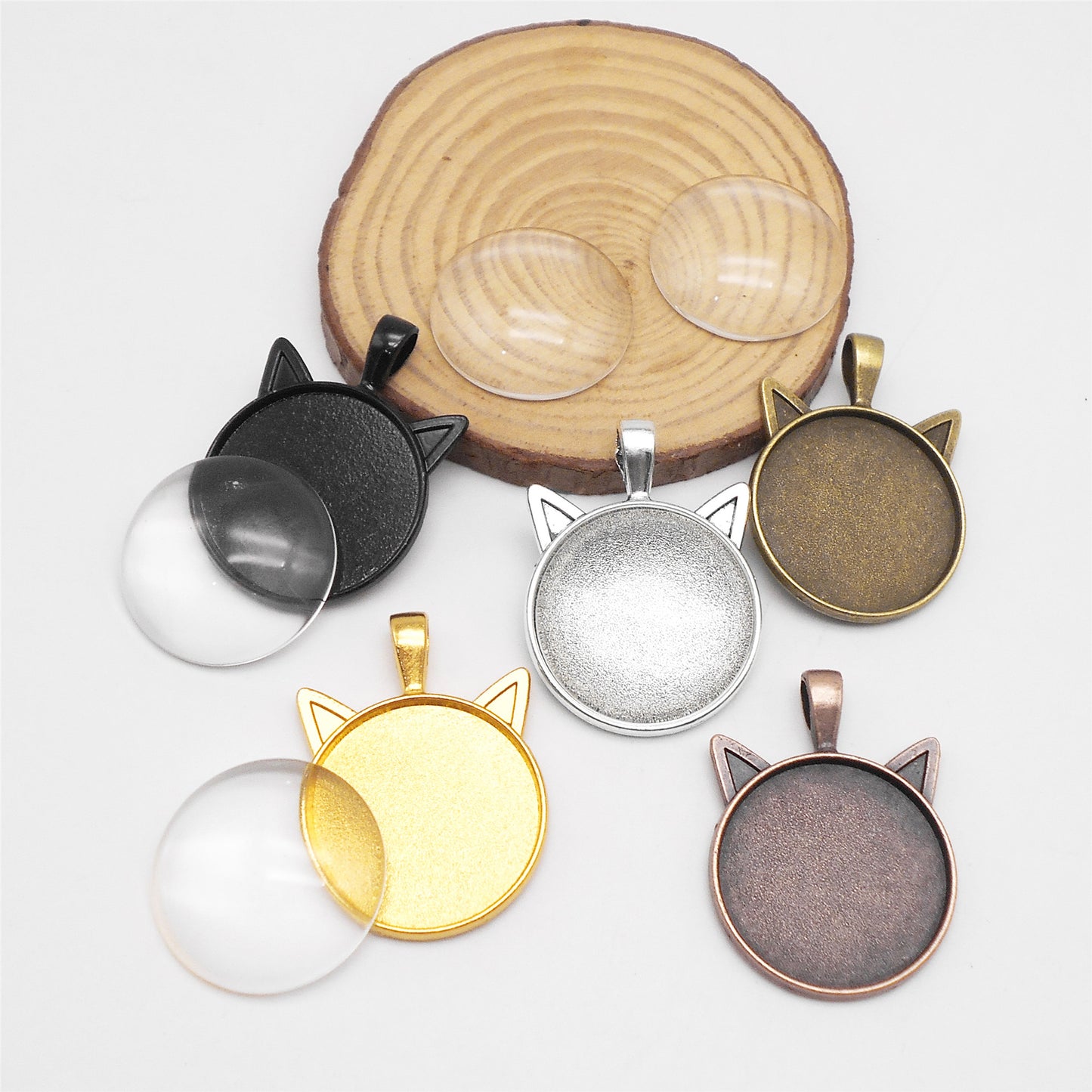 5PCS 37*27mm Alloy Blank Base Gems Cabochons Setting Tray Inner 25mm Round Bezel Pendants Cat Head Charms for DIY Jewelry Making