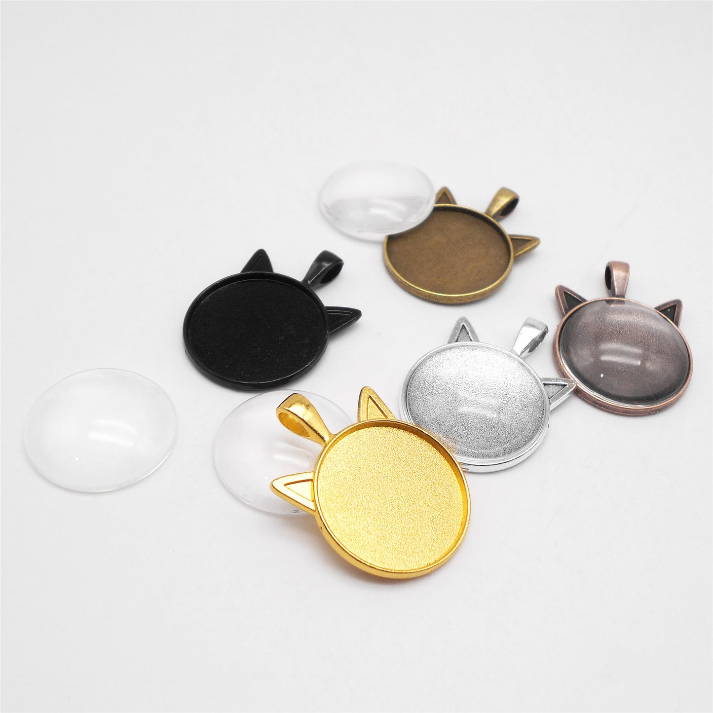 5PCS 37*27mm Alloy Blank Base Gems Cabochons Setting Tray Inner 25mm Round Bezel Pendants Cat Head Charms for DIY Jewelry Making