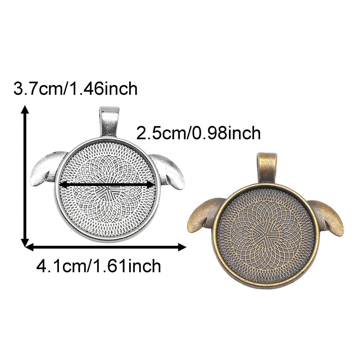 2PCS 37x41mm Fairy Wing Bezel Photo Setting Tray Blank Base Alloy Pendant Inner 25mm, fit Gems Cabochons, Bronze & Silver Charms for DIY Jewelry Accessories