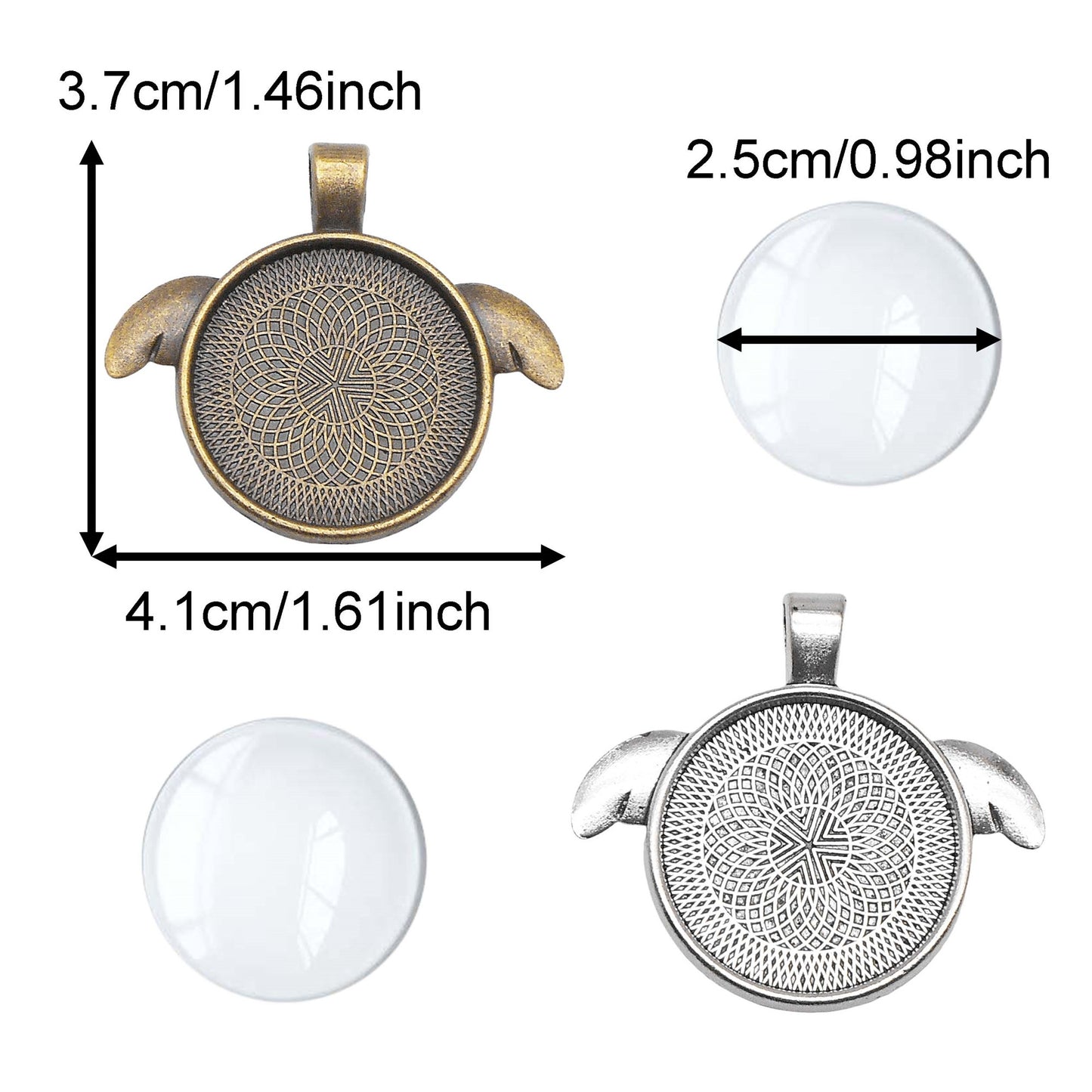 2PCS 37x41mm Fairy Wing Bezel Photo Setting Tray Blank Base Alloy Pendant Inner 25mm, fit Gems Cabochons, Bronze & Silver Charms for DIY Jewelry Accessories