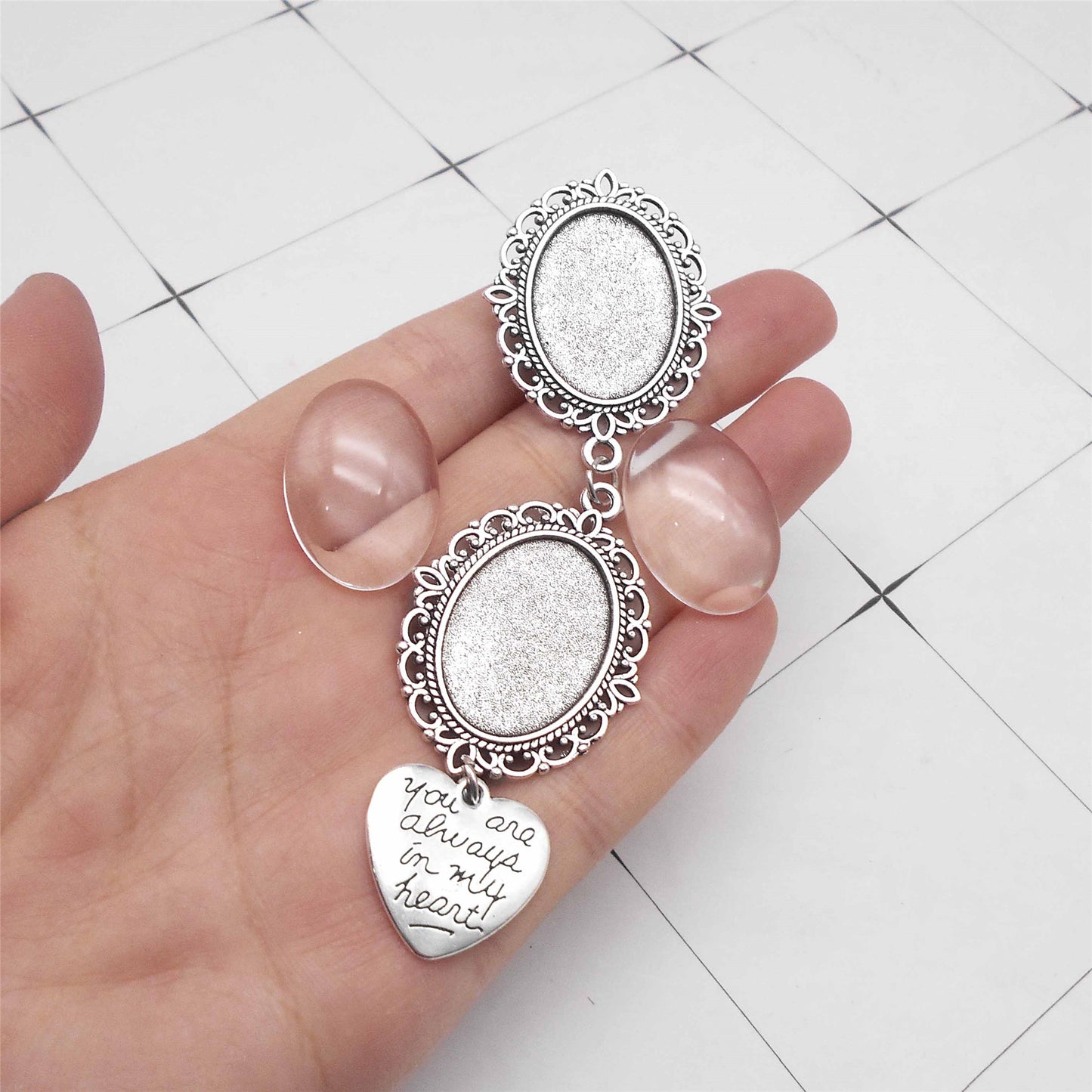 1 Set 103x30mm Alloy Tray Brooch with Glass Cabochons, Antique Silver Photo Setting Tray Floral Bezel Blank Base Pendant Brooch Bride's Groom's Suit Decorative Pins Wedding Bouquet Decor