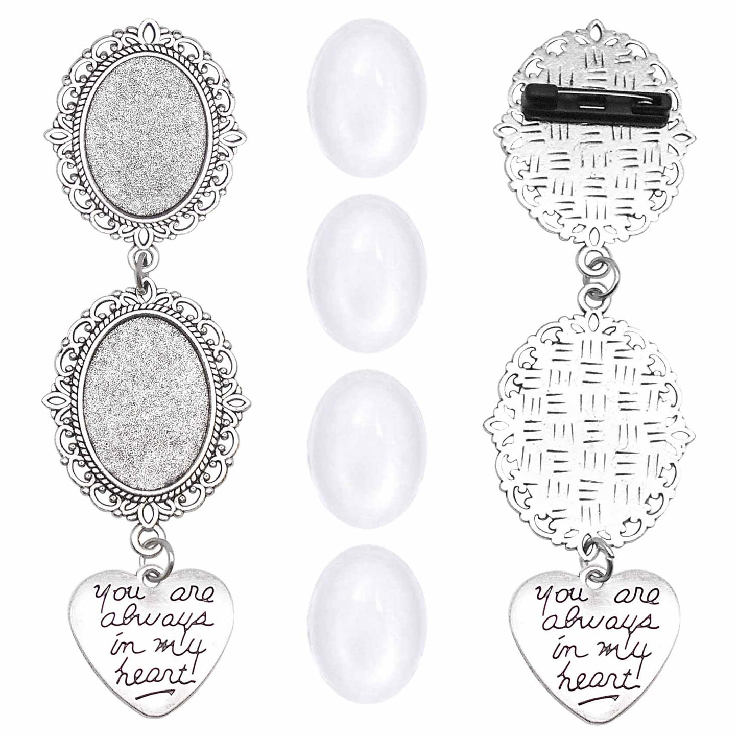 1 Set 103x30mm Alloy Tray Brooch with Glass Cabochons, Antique Silver Photo Setting Tray Floral Bezel Blank Base Pendant Brooch Bride's Groom's Suit Decorative Pins Wedding Bouquet Decor