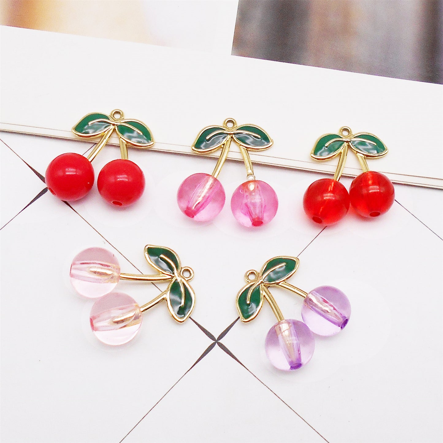 4Pcs 28x14mm Acrylic Cherry Charms with Enamel Alloy Leaf Fruit Pendants for Jewelry Decoration Keychain Dangle Making Crafts Decor