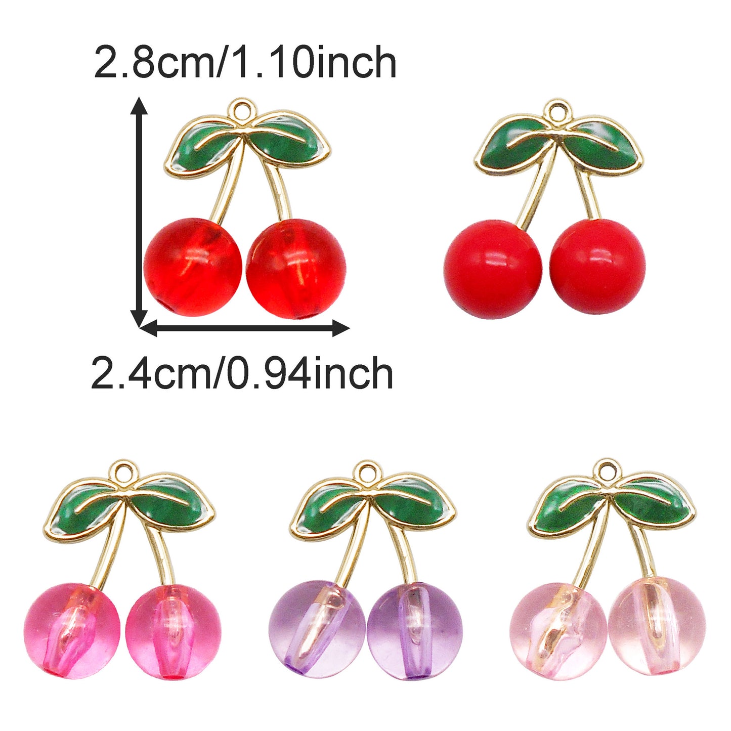4Pcs 28x14mm Acrylic Cherry Charms with Enamel Alloy Leaf Fruit Pendants for Jewelry Decoration Keychain Dangle Making Crafts Decor