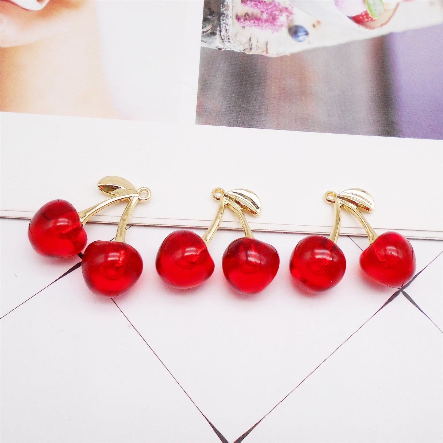 2Pcs Transparent Acrylic Cherry Charms with Alloy Enamel Leaf 3D Fruit Pendants Jewelry Making Accessories Necklace Bracelet Earring Decoration Keychains Shoes Crafts Decor