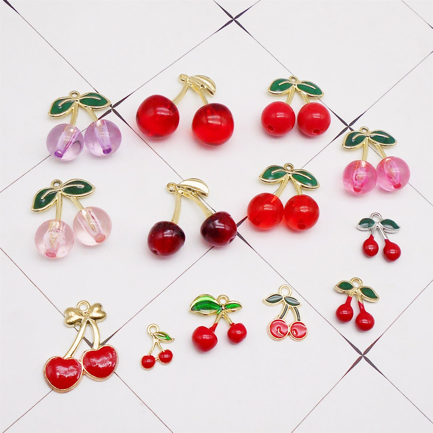13Pcs Enamel Alloy Cherry Charm with Alloy Enamel Leaf Acrylic Fruit Pendants for Jewelry Accessories Bags Shoes Purses Decoration Keyring Dangle Making