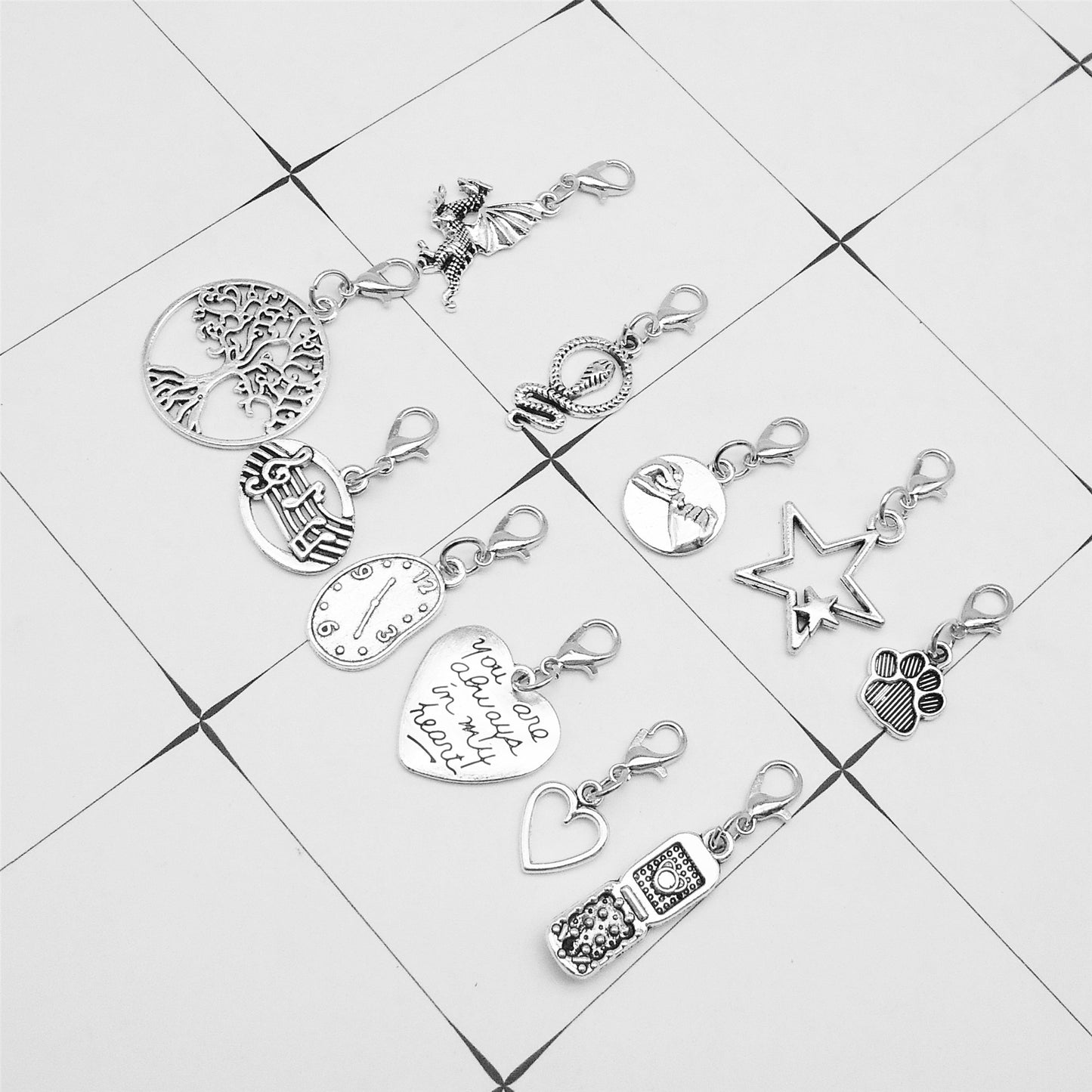 30pcs Mixed Retro Silver Color Alloy Cactus Star Pendants with Lobster Clasp Shoe Charms Key Chain Dangle Bags Purses Clothes Hanging Decor