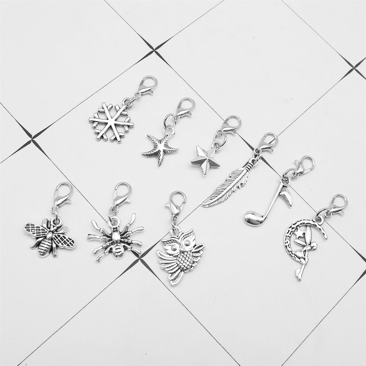 30pcs Mixed Retro Silver Color Alloy Cactus Star Pendants with Lobster Clasp Shoe Charms Key Chain Dangle Bags Purses Clothes Hanging Decor