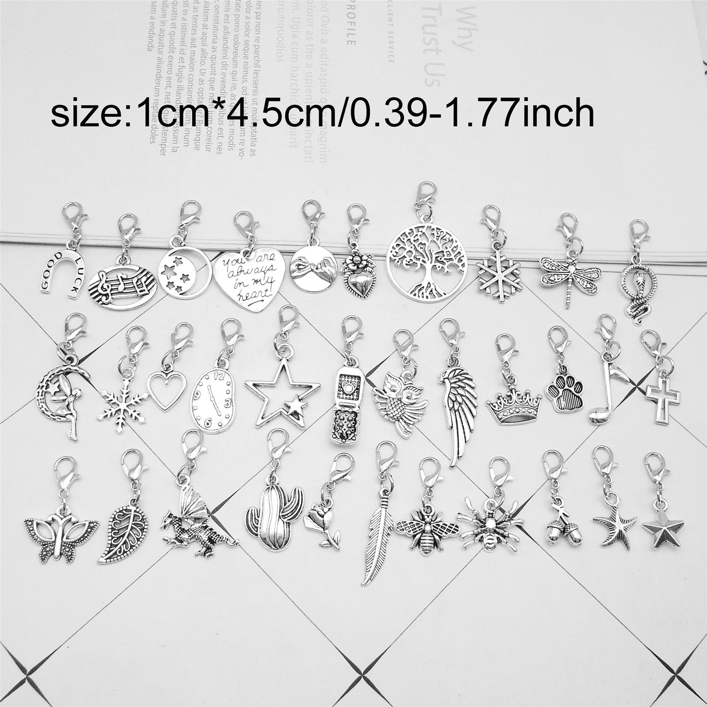 30pcs Mixed Retro Silver Color Alloy Cactus Star Pendants with Lobster Clasp Shoe Charms Key Chain Dangle Bags Purses Clothes Hanging Decor