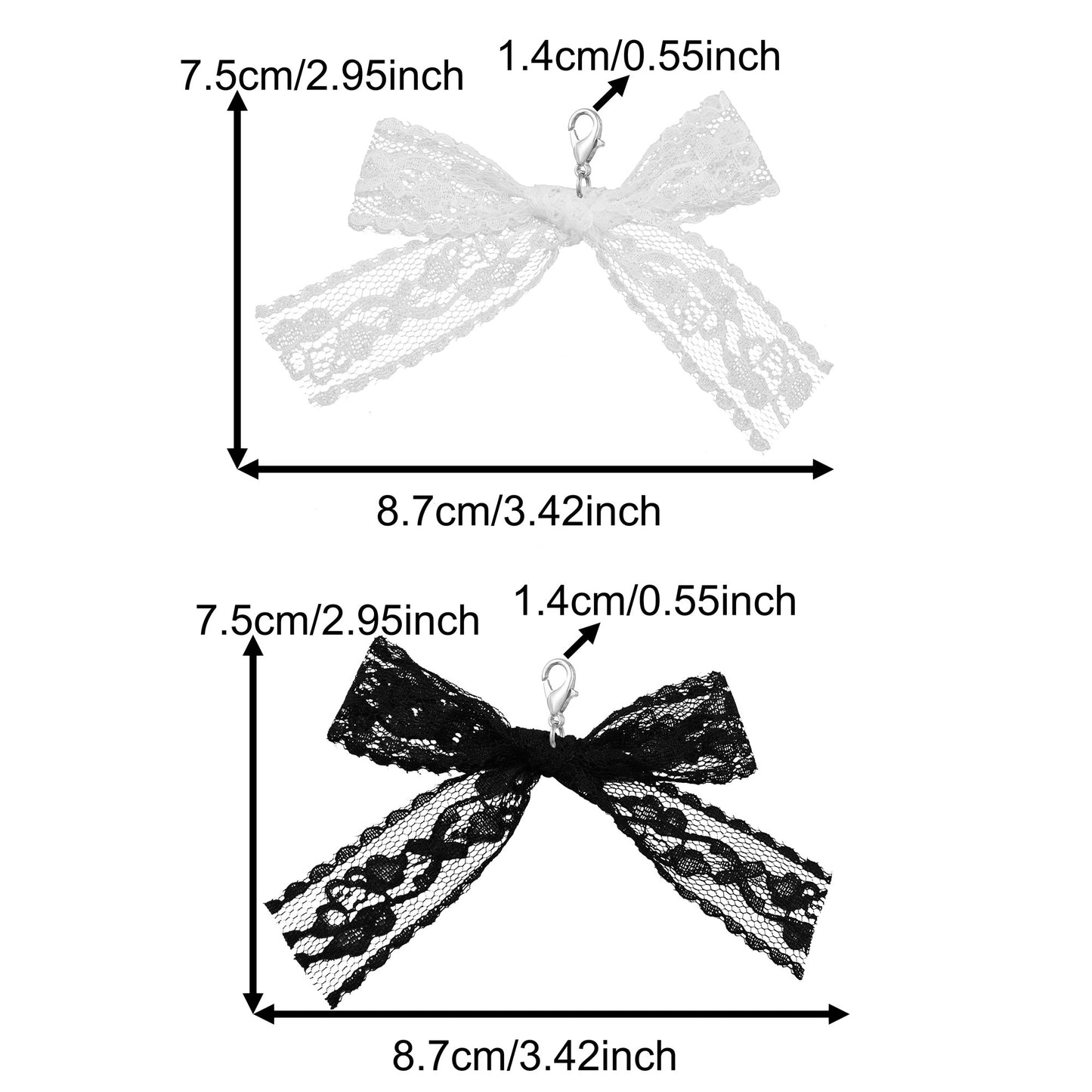 4PCS 75*87mm Handmade Lace Bow Shoe Charms with Lobster Clasp, Delicate Ribbon Bowknot Pendants Wedding Dress Accessories, Women Bags Clothes Purses Hanging Decor, Crafts Supplies